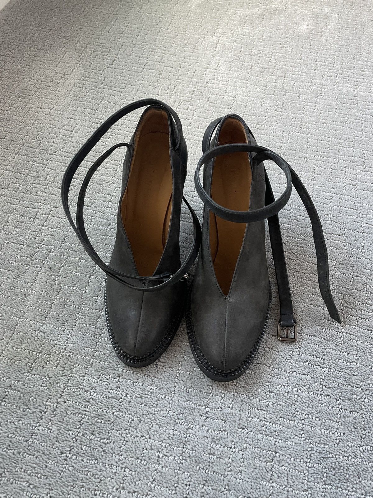 image of Damir Doma Washed Leather Ankle Wrap Heel Shoes It 40 in Black, Women's (Size 10)