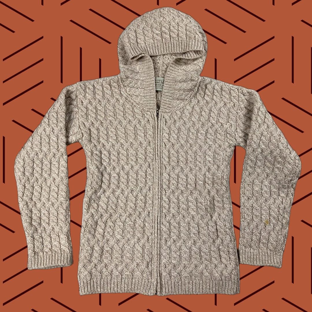VINTAGE Aran Crafts Hooded Sweater Ireland Merino Wool Cable Knit Women XS Oatmeal Classic