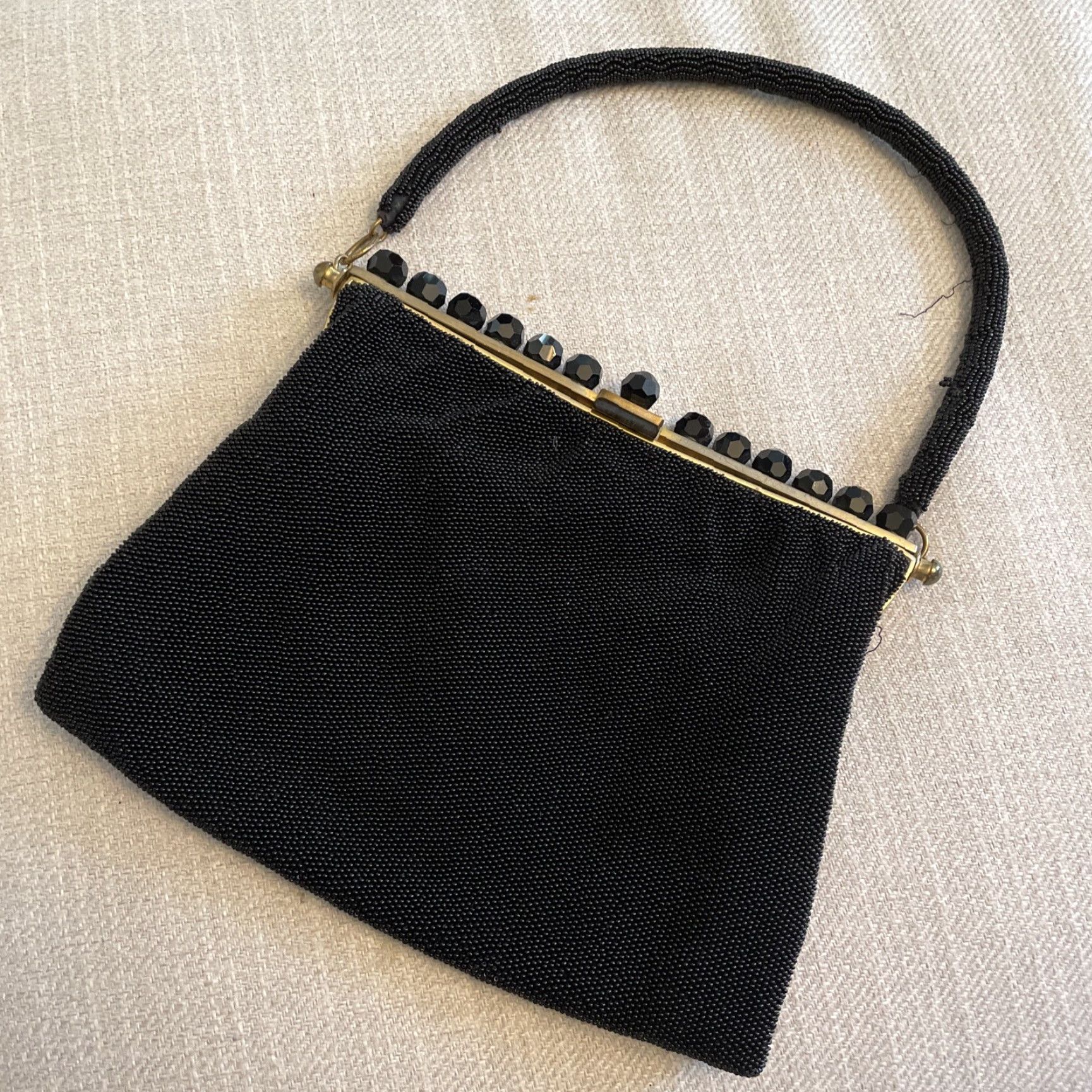 Vintage VINTAGE Black Beaded Evening Bag Handle Small Crystal Brass Handmade in France Women Evening Bag France Crystal Beaded Bag Womens Size ONE SIZE - 2 Thumbnail