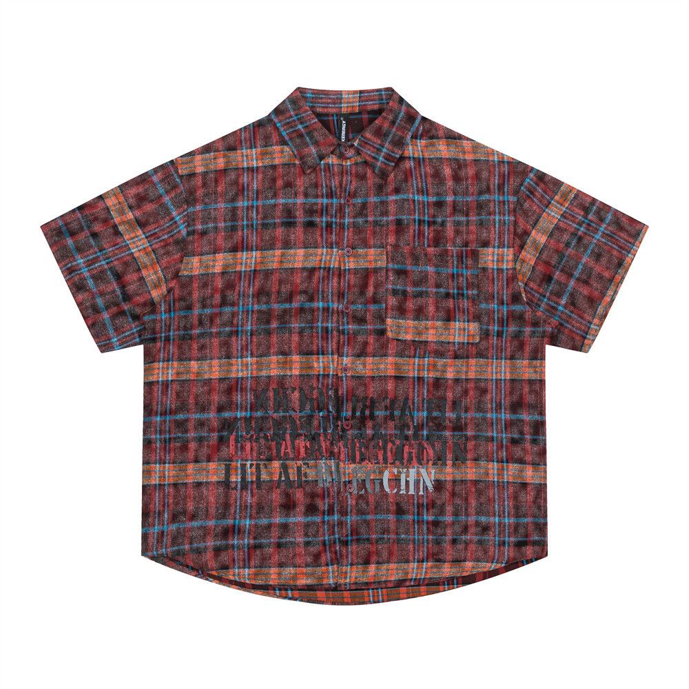 Japanese Brand × Vintage Men's American loose casual lapel letter print plaid shirt Size US M / EU 48-50 / 2 - 1 Thumbnail
