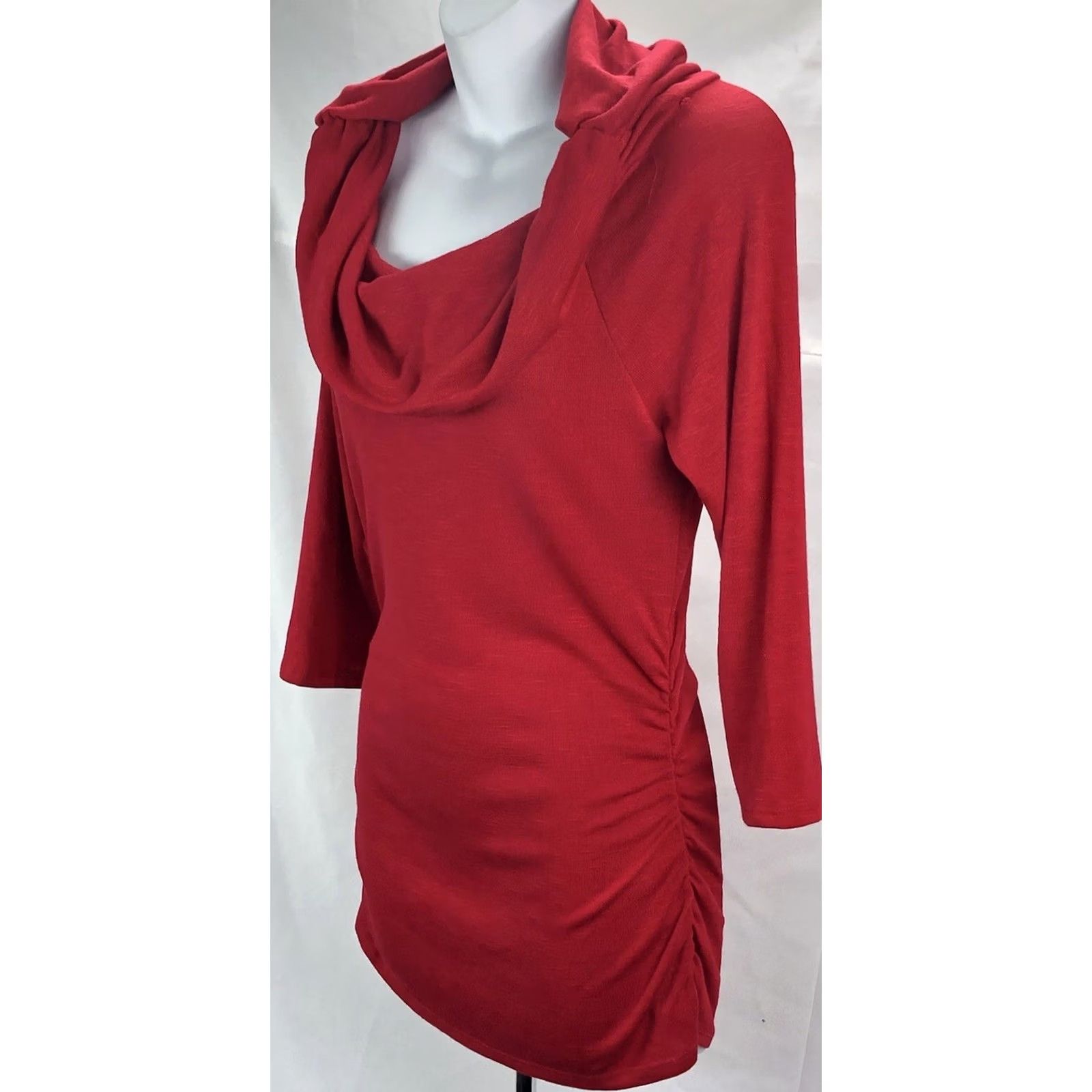 B Sides A BYER Knit Long Tunic L Jrs Red Cowl Neck 3/4 Sleeves Ruched Sides - Sweater, Holiday, Office, Colorful, Casual, Career, Romantic, Classic Womens Size L / US 10 / IT 46 - 3 Thumbnail