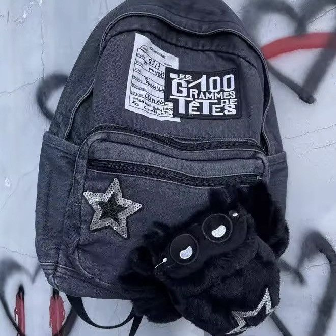 Japanese Brand Cartoon Washed Punk Goth Capacity Canvas School Backpack Bag Size ONE SIZE - 1 Thumbnail