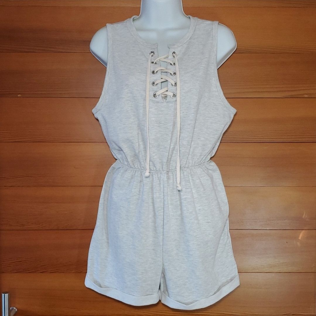 Fashion Nova Fashion Nova Size L Romper Grey Jersey Stretchy Tie Lace Up Size 34" / US 12 / IT 48 - 4 Thumbnail