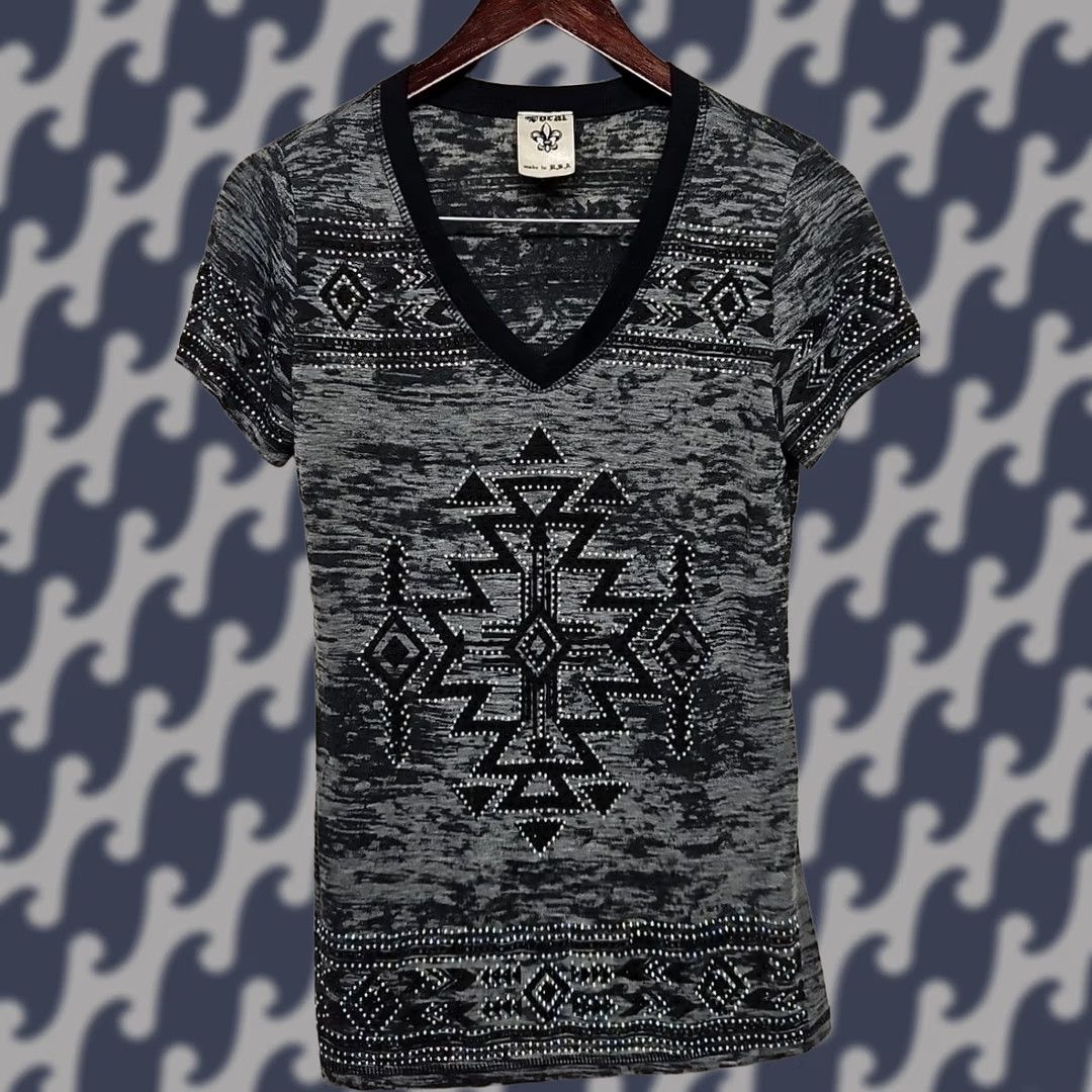 Vintage Vocal T-Shirt Womens Large Gray Aztec Beaded Burnout V-Neck Western Boho Y2K Vinyl? Size L / US 10 / IT 46 - 1 Thumbnail