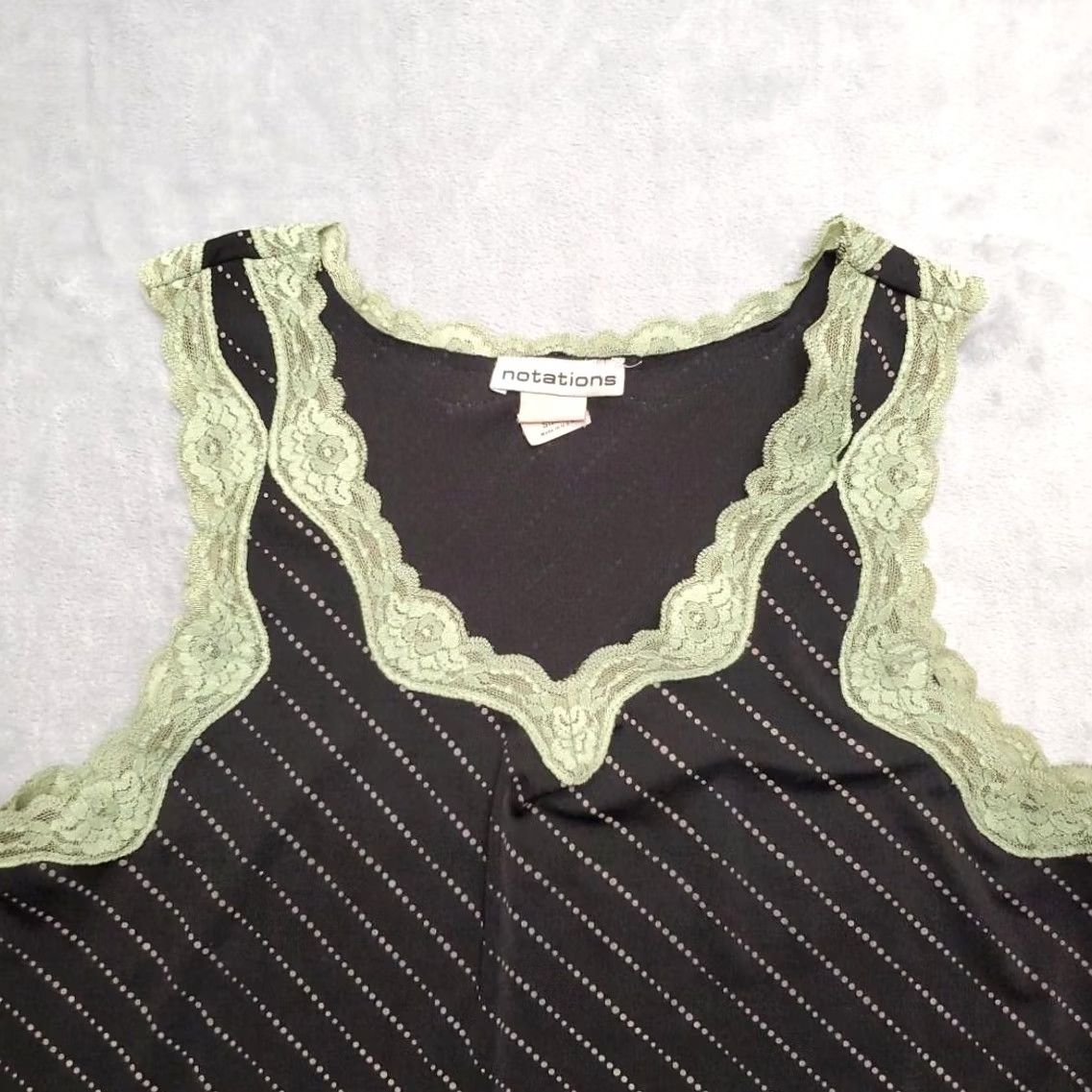 Vintage Notations VTG Tank Top Womens Medium Black Green Lace Trim Sleeveless Stripe USA Size M / US 6-8 / IT 42-44 - 2 Thumbnail