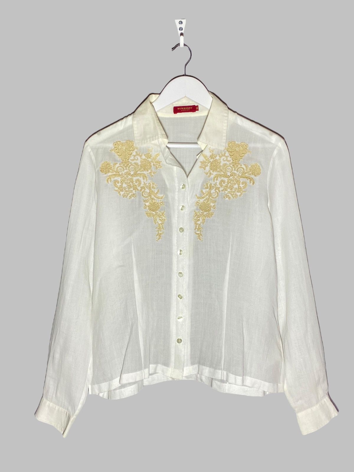 Burberry Burberry London White Bamboo Shirt With Gold Embroidery Size L / US 10 / IT 46 - 1 Thumbnail