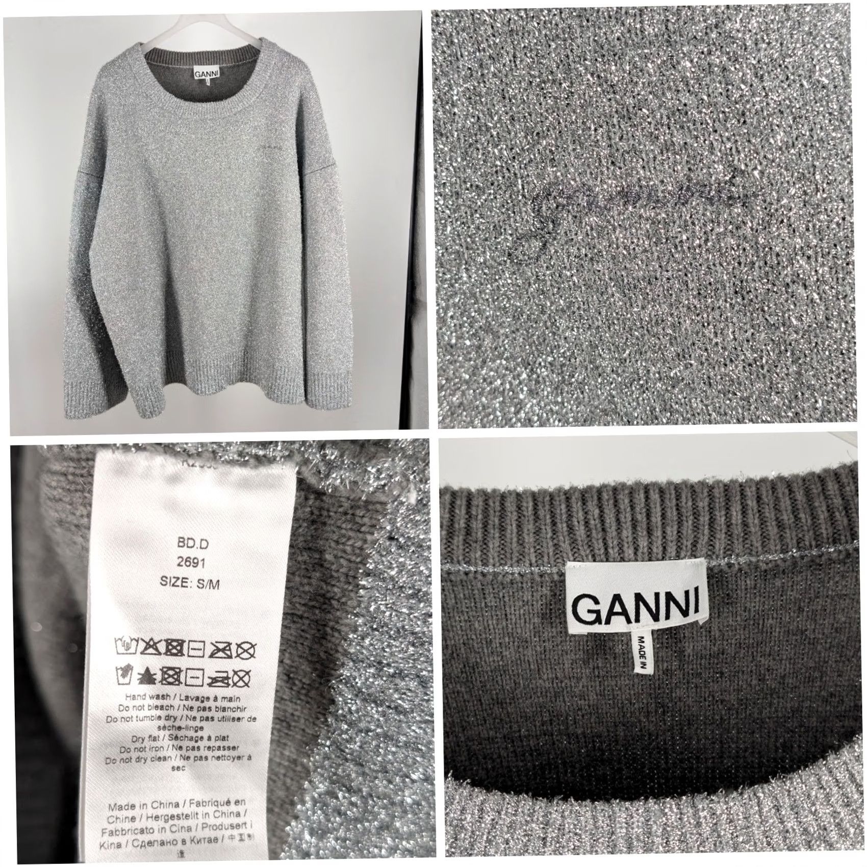 Ganni Ganni Sparkle Logo Sweater Silver Merino Wool Oversized S/M Women Pullover Logo Embroidered Crewneck 2024 2025 Mint Silver Size S / US 4 / IT 40 - 2 Thumbnail