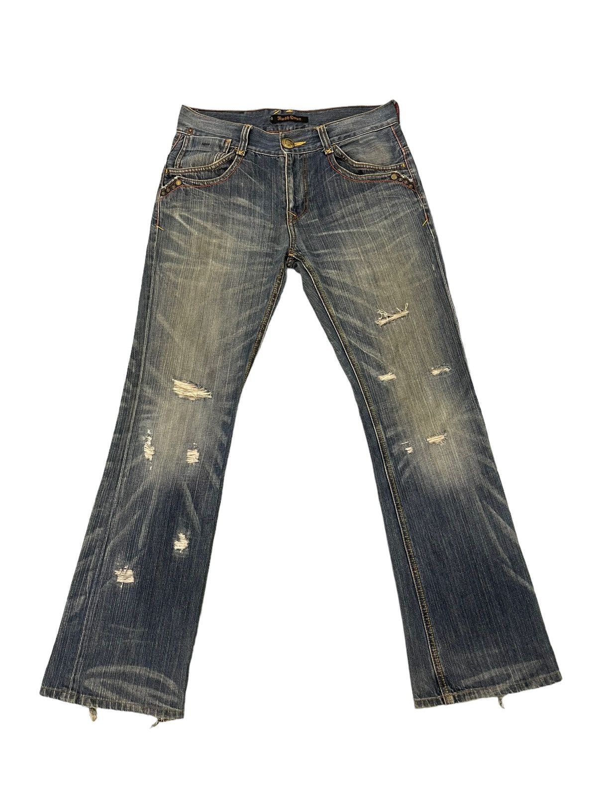 Japanese Brand Flare Jeans Rush Hour Faded Distress Boot Cut 8🟦4 Size US 33 - 2 Thumbnail