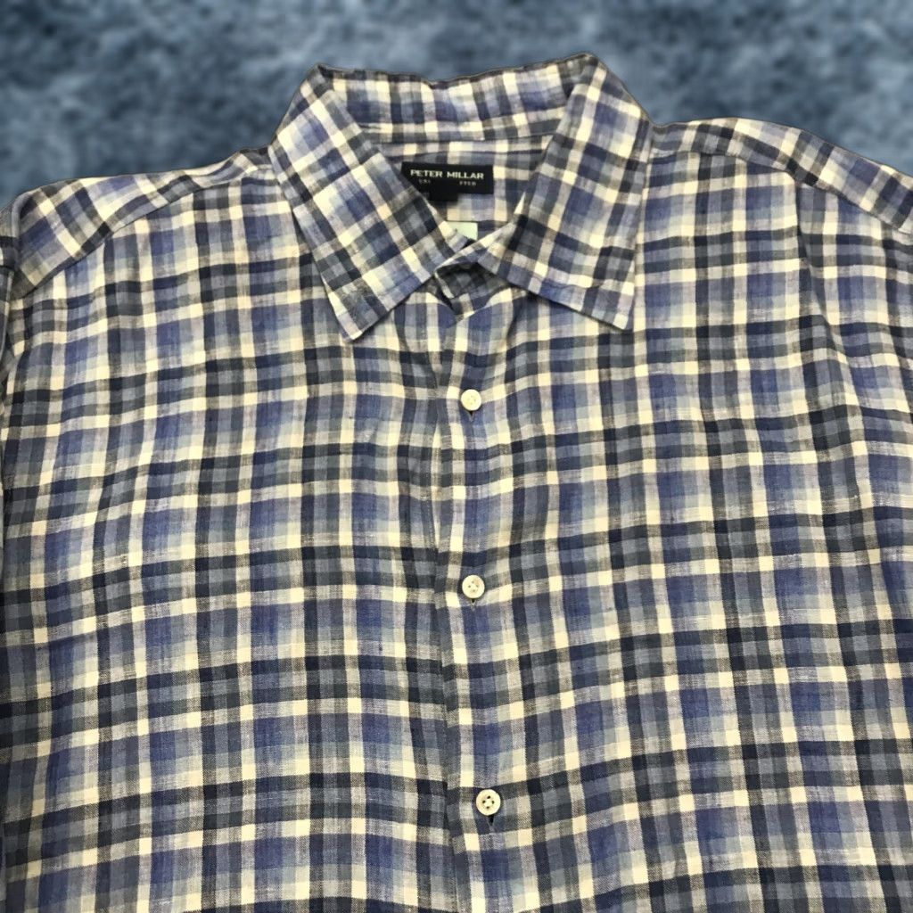 Peter Millar Peter Millar Shirt Mens Large Blue 100% Linen Flex Finish Check Crown Crafted Size US L / EU 52-54 / 3 - 1 Thumbnail