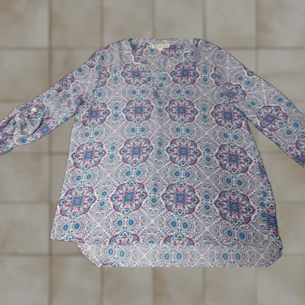 Vintage Pink Rose Womens Blouse Large Blue floral pullover Size L / US 10 / IT 46 - 1 Thumbnail