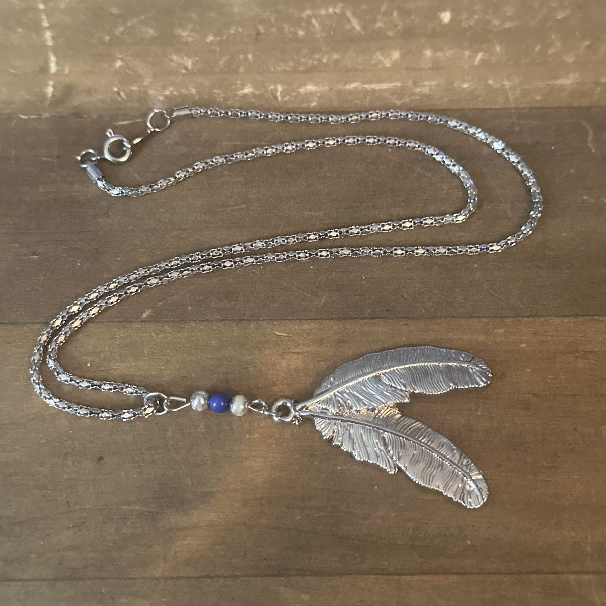 Vintage Vintage silver tone double feather drop pendant necklace Size ONE SIZE - 2 Thumbnail