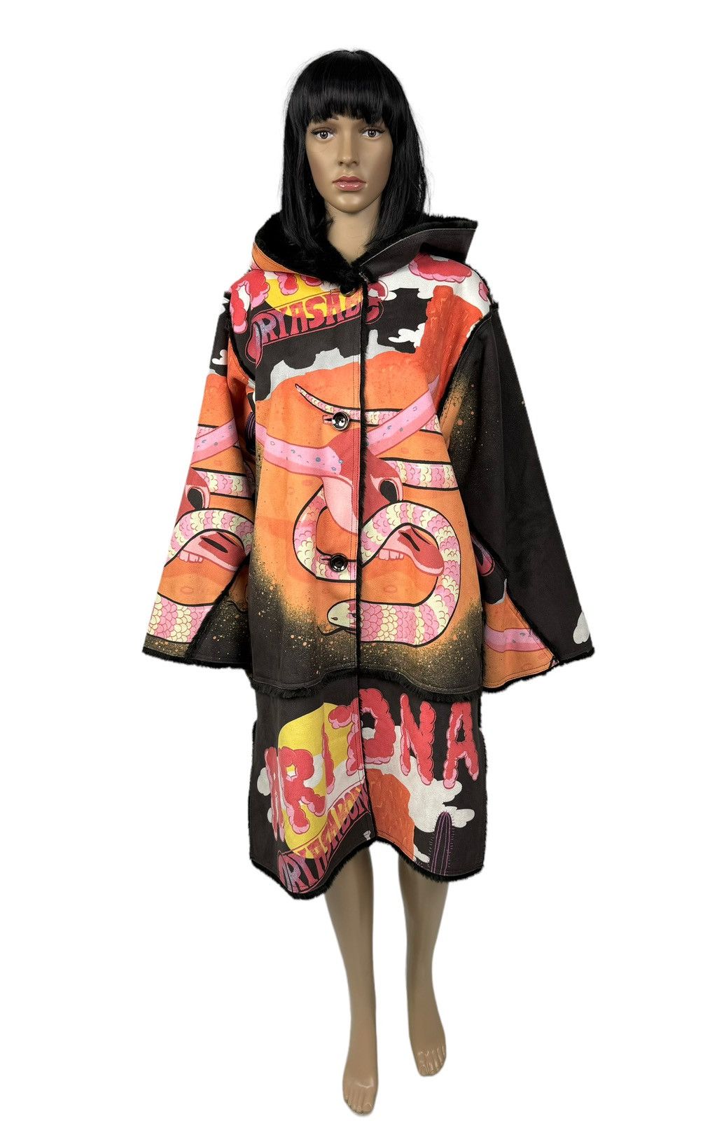 image of Custo Barcelona Faux Fur Coat Printed Hooded Size 4, Women's
