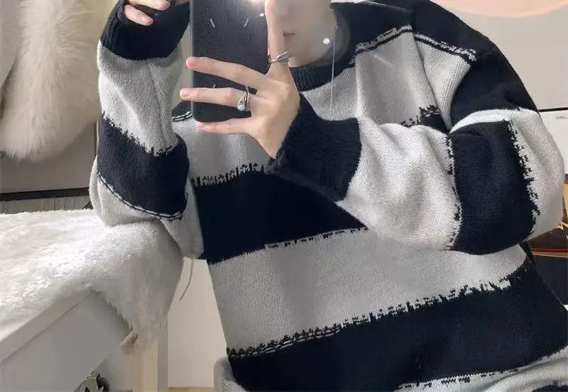 Japanese Brand × Vintage Black and white striped patchwork knitted sweater Size US L / EU 52-54 / 3 - 2 Thumbnail