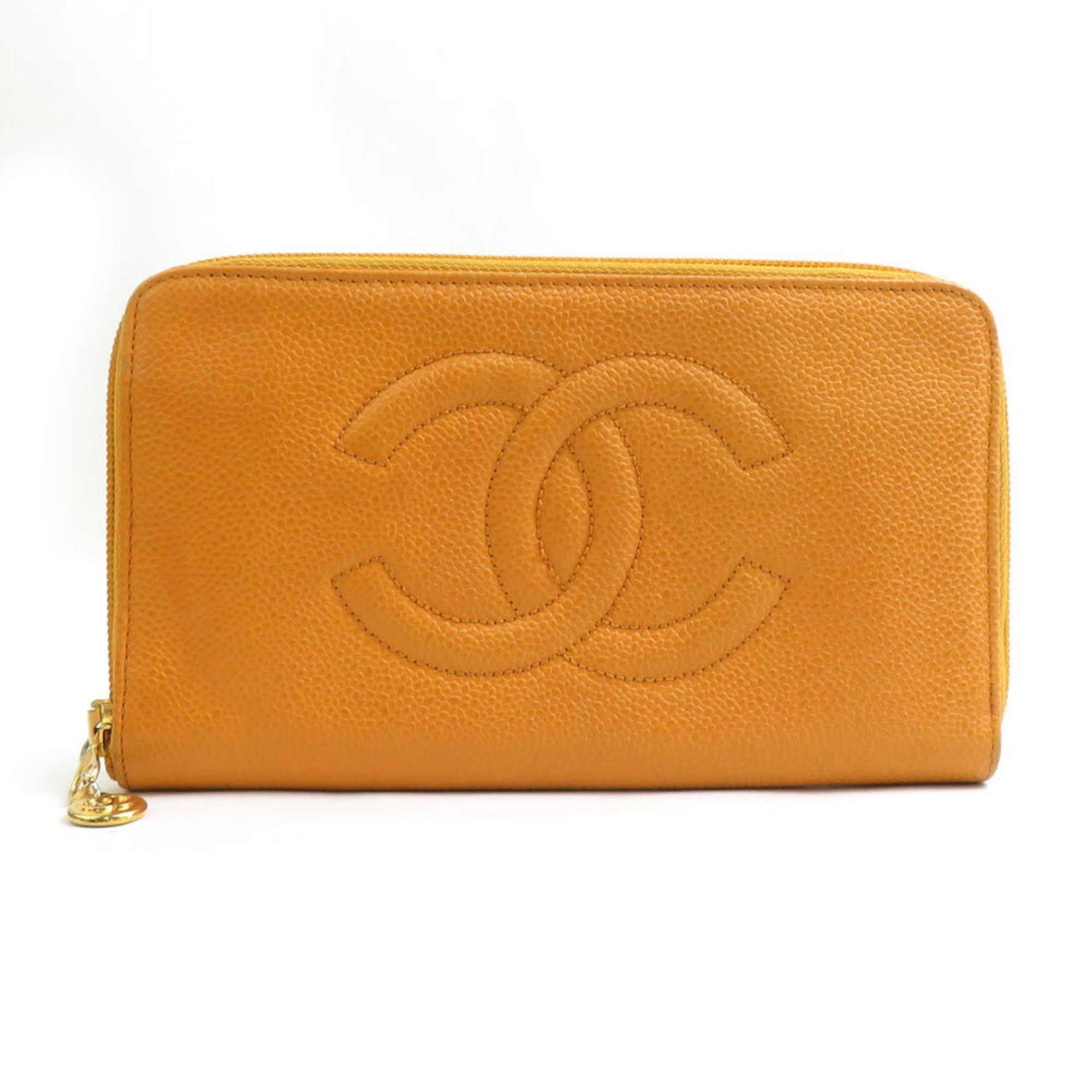 CHANEL Round Long Wallet Caviar Skin Leather Orange Women's r10640a