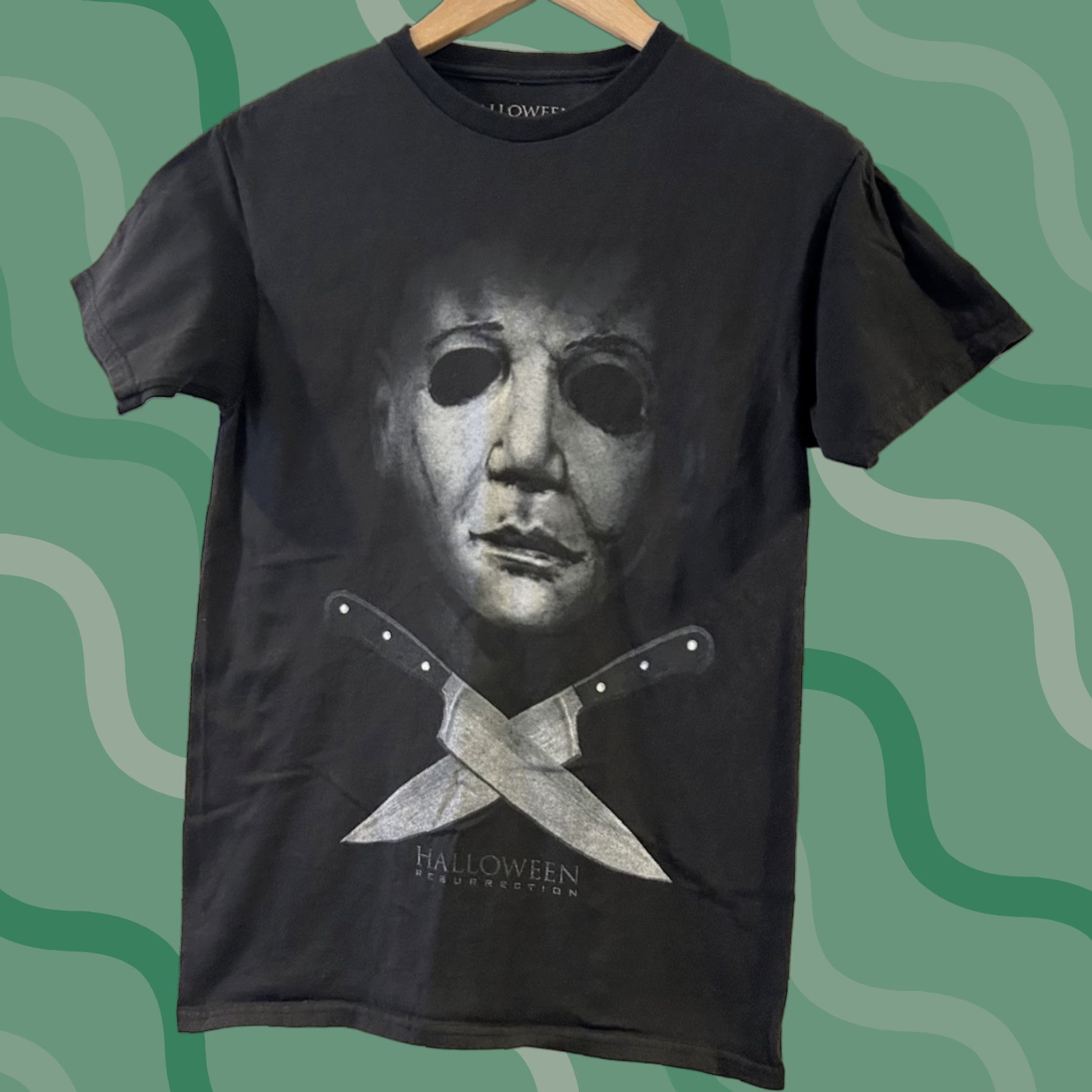 Vintage Halloween Resurrection Michael Myers Movie T-Shirt Size S Mens Black Cotton Knit Short Sleeve Round Neck Graphic Print Regular Fit Size US S / EU 44-46 / 1 - 1 Thumbnail