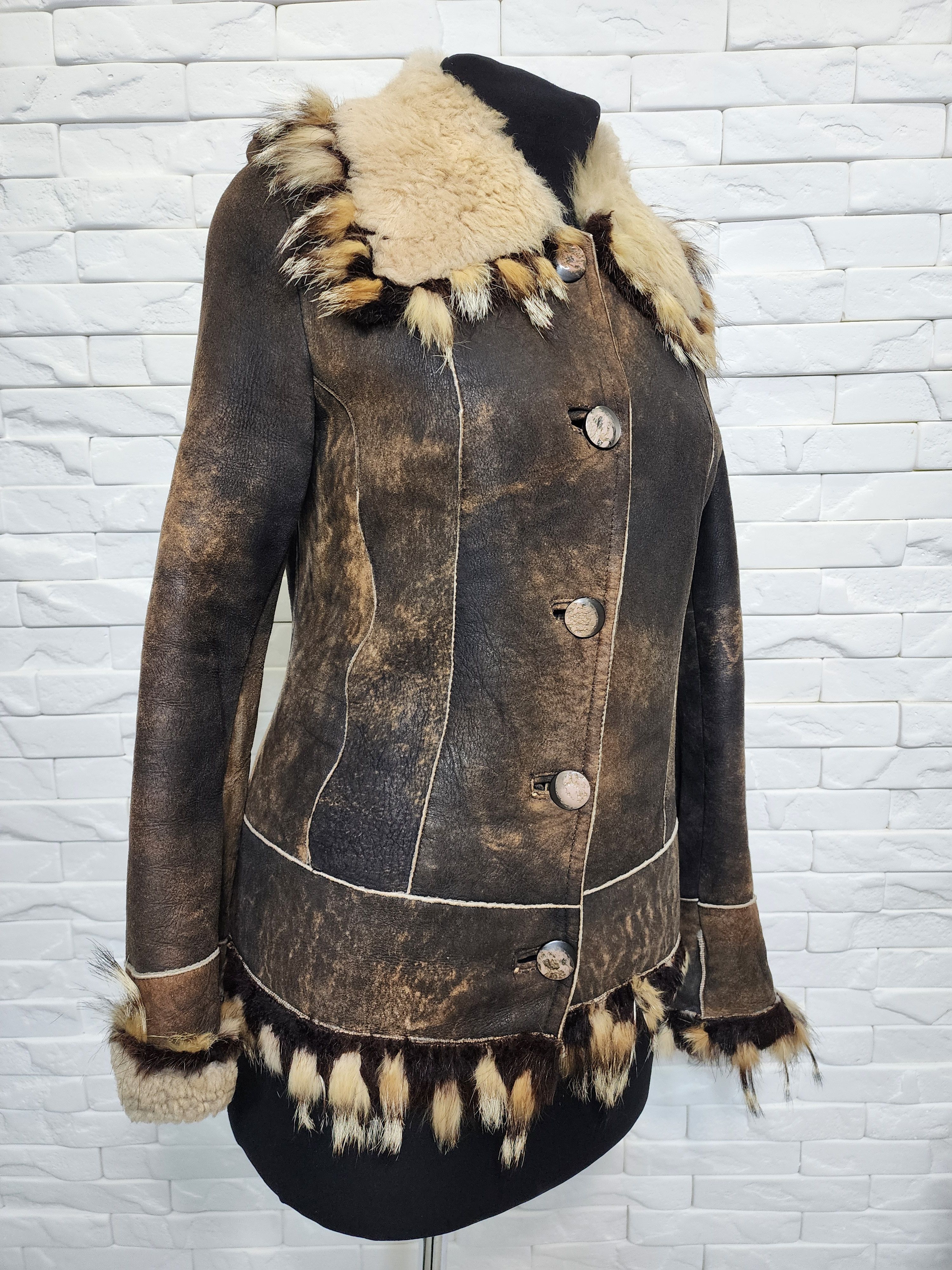 Genuine Leather Brown Sheepskin Coat: Women's Genuine Fur, Multi-Fur Collar Size M / US 6-8 / IT 42-44 - 2 Thumbnail