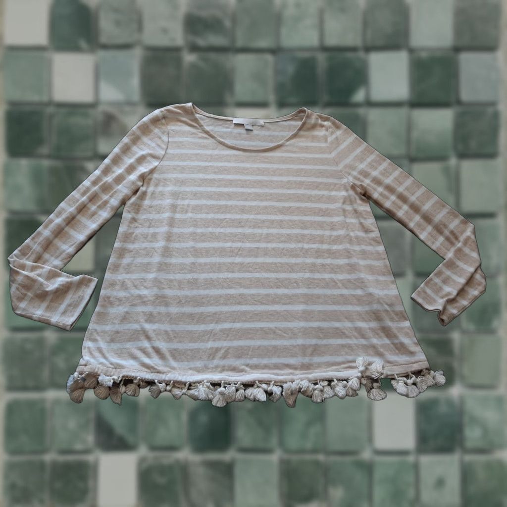 Vintage Kain Top Womens Medium M Long Sleeve Tassles on Bottom Cream Stripe Pullover Casual Breathable 2020s? Size M / US 6-8 / IT 42-44 - 1 Thumbnail