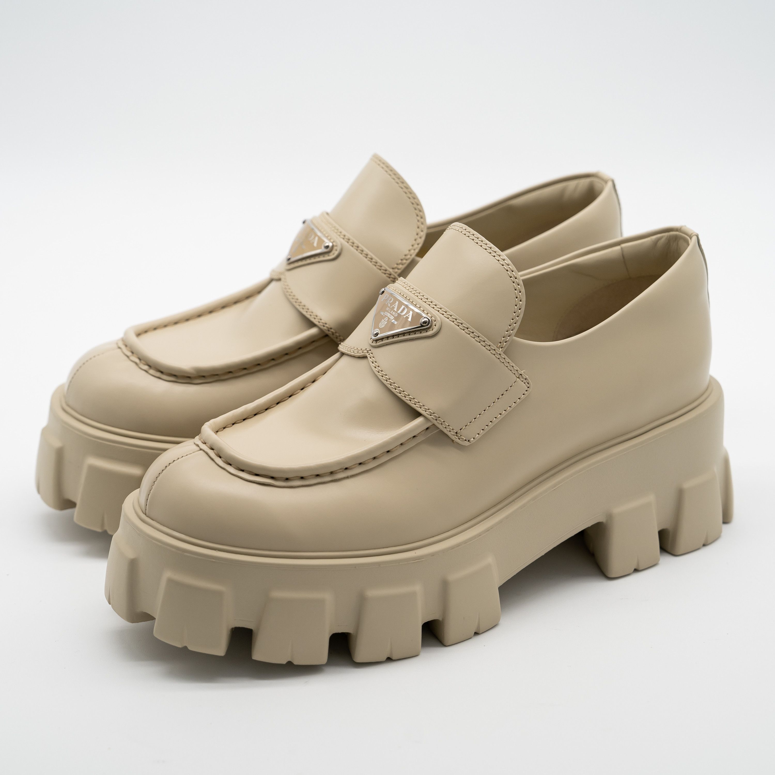 Prada 39.5eu 9.5 US Prada Monolith Brushed Leather Loafers Beige Size US 9.5 / IT 39.5 - 1 Thumbnail