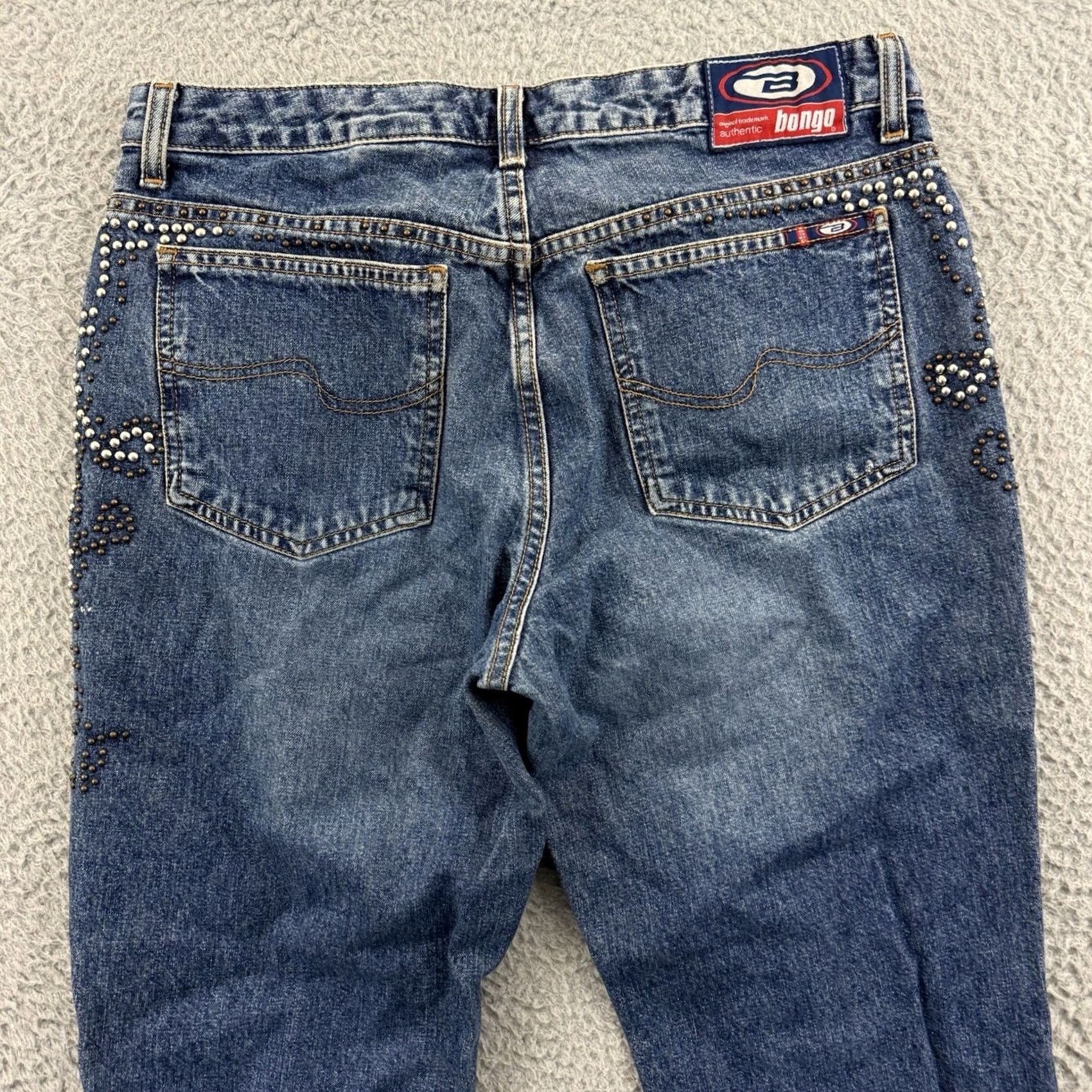 Vintage Bongo Jeans Womens 9 Blue Denim 90s Low Rise Flare Studded Y2K Size 30" / US 8 / IT 44 - 7 Thumbnail