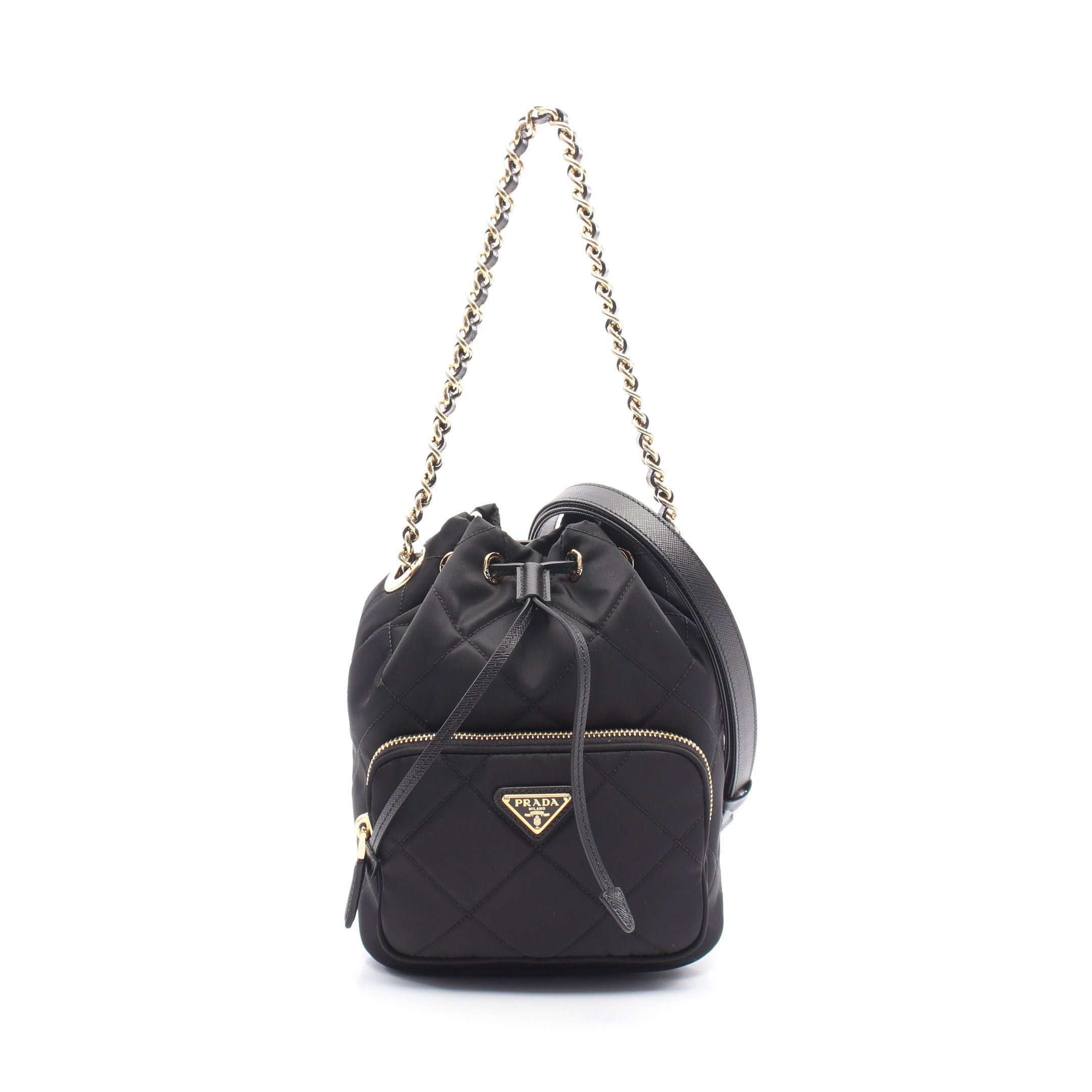 Prada Vela Handbag Chain Nylon Saffiano Leather Black Purse