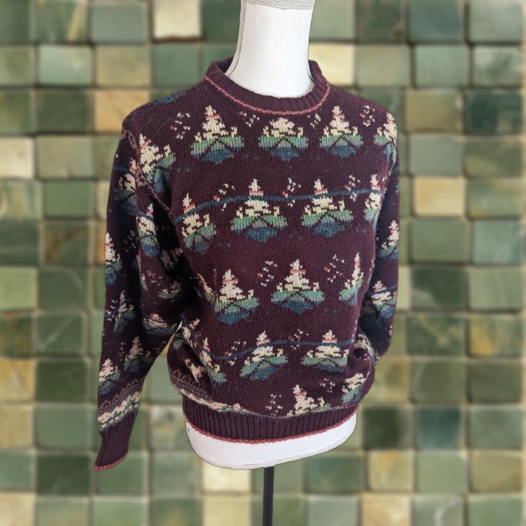 Vintage VINTAGE 90s Red Wool Winter Tree Fair Isle Sweater Wool Crew Neck Pullover S3C Women's Knit Pullover Regular Size S Size S / US 4 / IT 40 - 1 Thumbnail