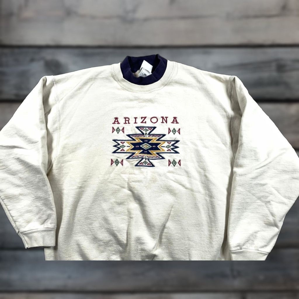 Fruit Of The Loom VINTAGE Fruit of the Loom Sweatshirt Arizona Embroidered Mock Neck Adult Large Beige 90s Southwestern City Tribal Retro Mens Size US L / EU 52-54 / 3 - 1 Thumbnail