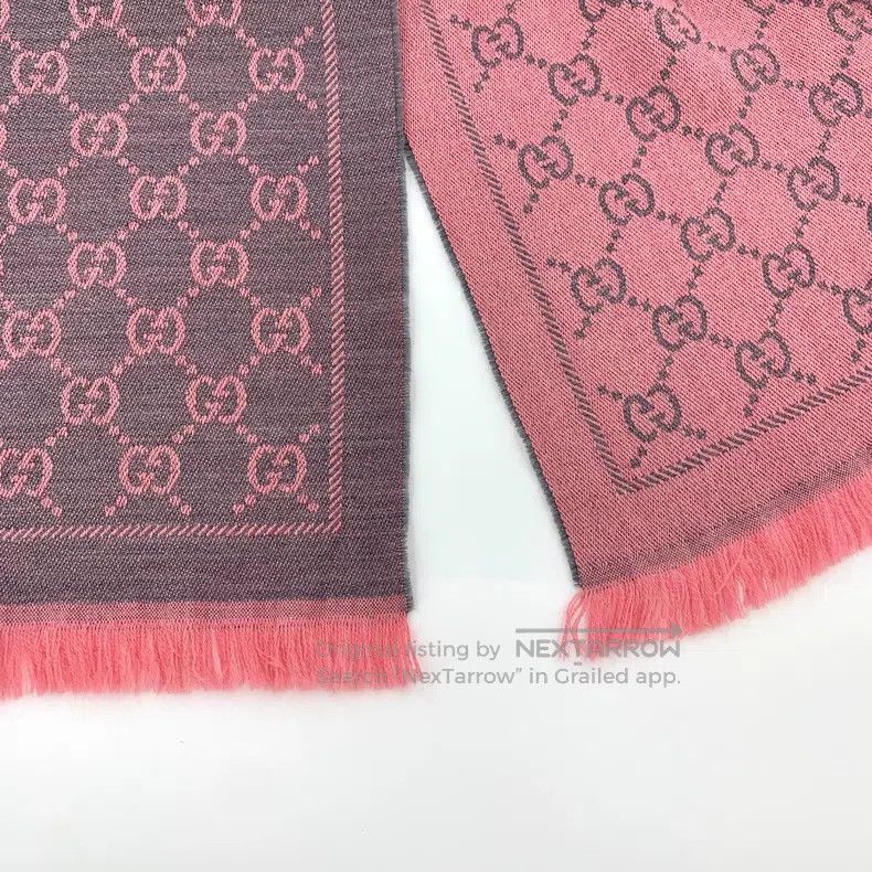 Gucci Gucci Pink logo jacquard full print wool tassel scarf Size ONE SIZE - 5 Thumbnail