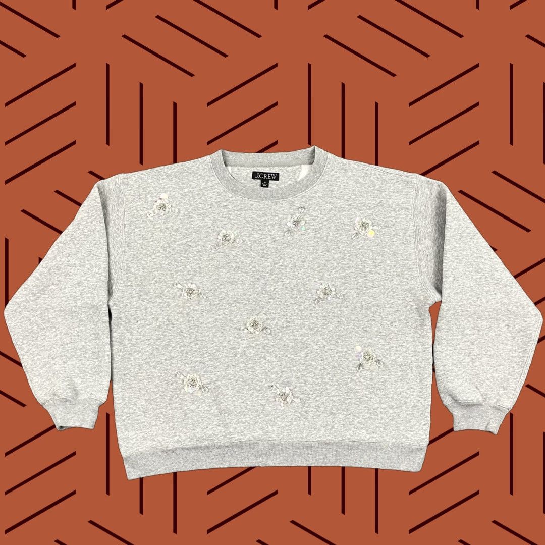 J.Crew J Crew Sweatshirt Womens Medium Gray Sequin Floral Heritage Fleece Crew BV944 Size M / US 6-8 / IT 42-44 - 1 Thumbnail