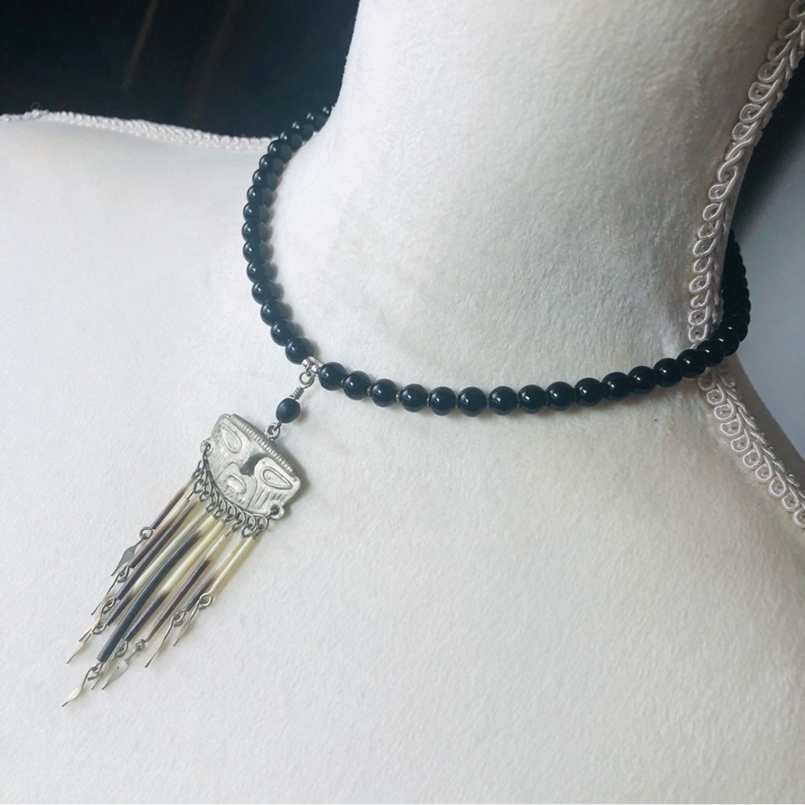 Handmade Handcrafted repurpose tribal look face fringe Pearl necklace Size ONE SIZE - 5 Thumbnail