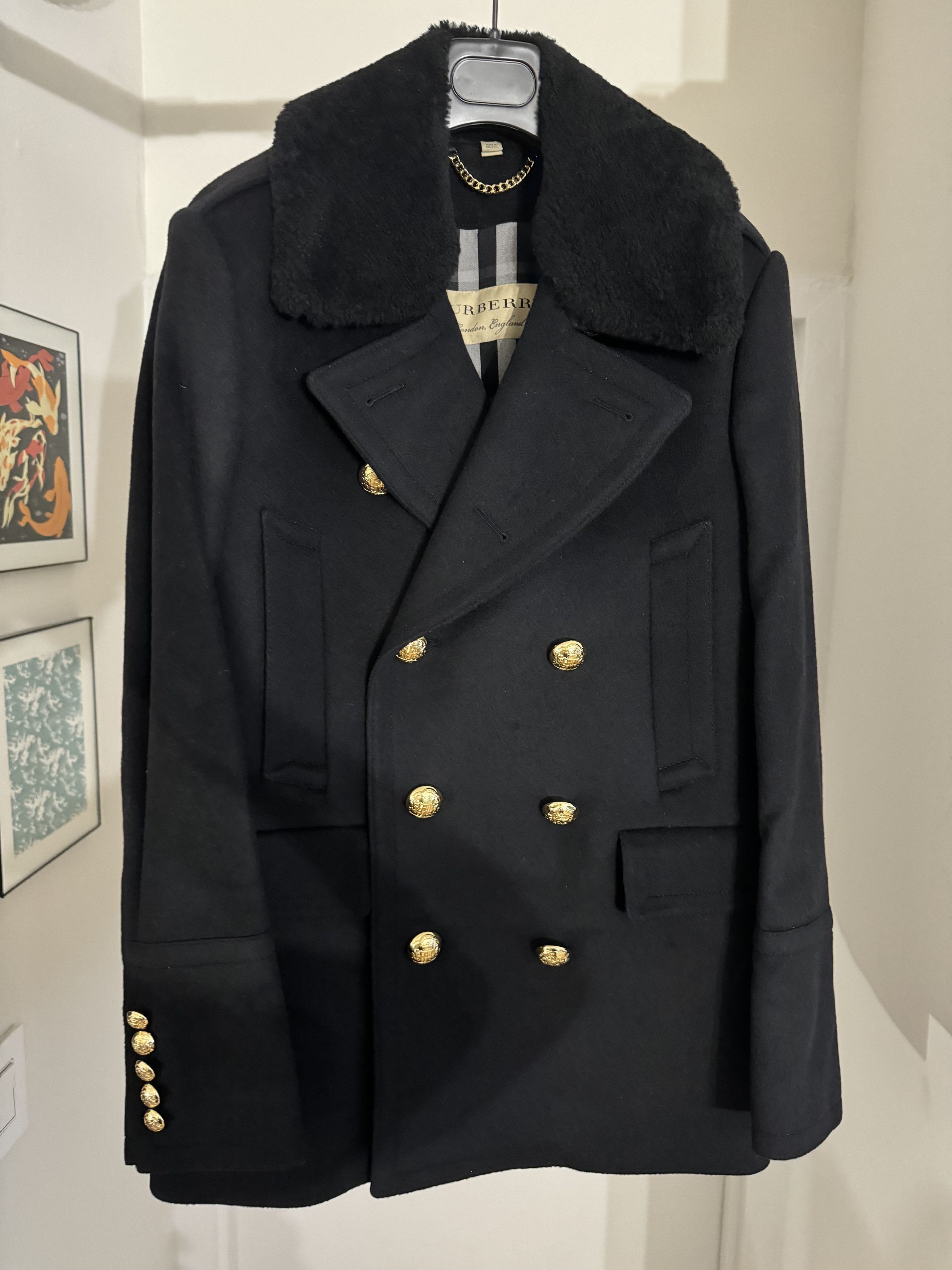 image of Burberry Military Pea Coat With Detachable Shearling Collar in Black, Men's (Size Medium)