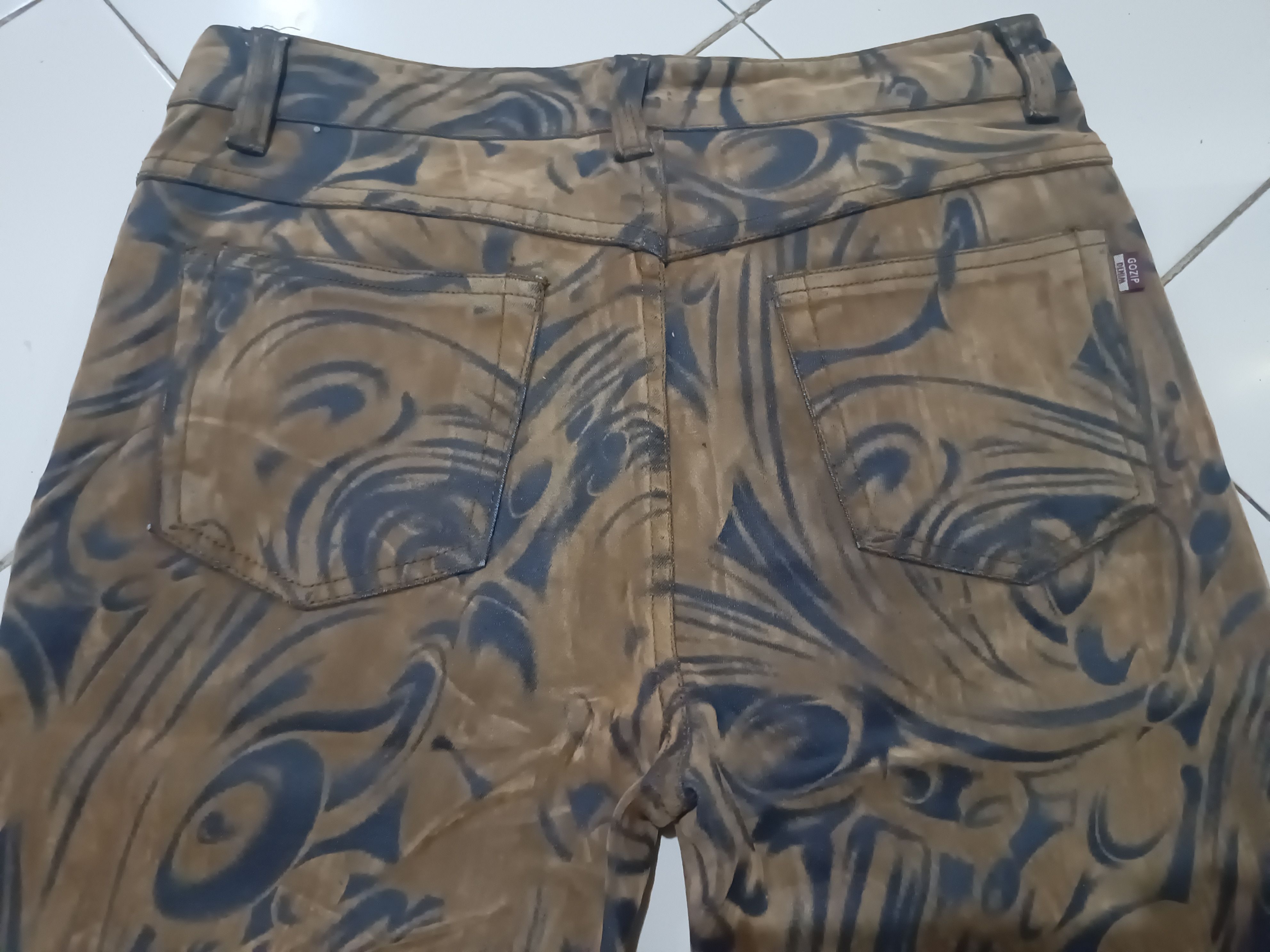 Tornado Mart Vintage Gozip Flare Jeans Velvet leather abstract full print Size 28" / US 6 / IT 42 - 4 Thumbnail
