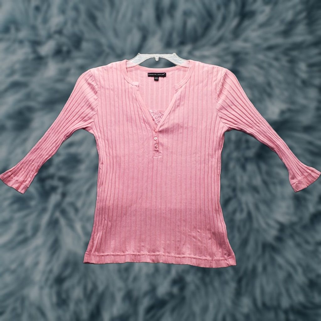Vintage Carolyn Taylor Ribbed Top Womens S Pink 3/4 Sleeve V-Neck Front Button T-Shirt Shirt Slim Casual Womens Size S Pink Size S / US 4 / IT 40 - 1 Thumbnail