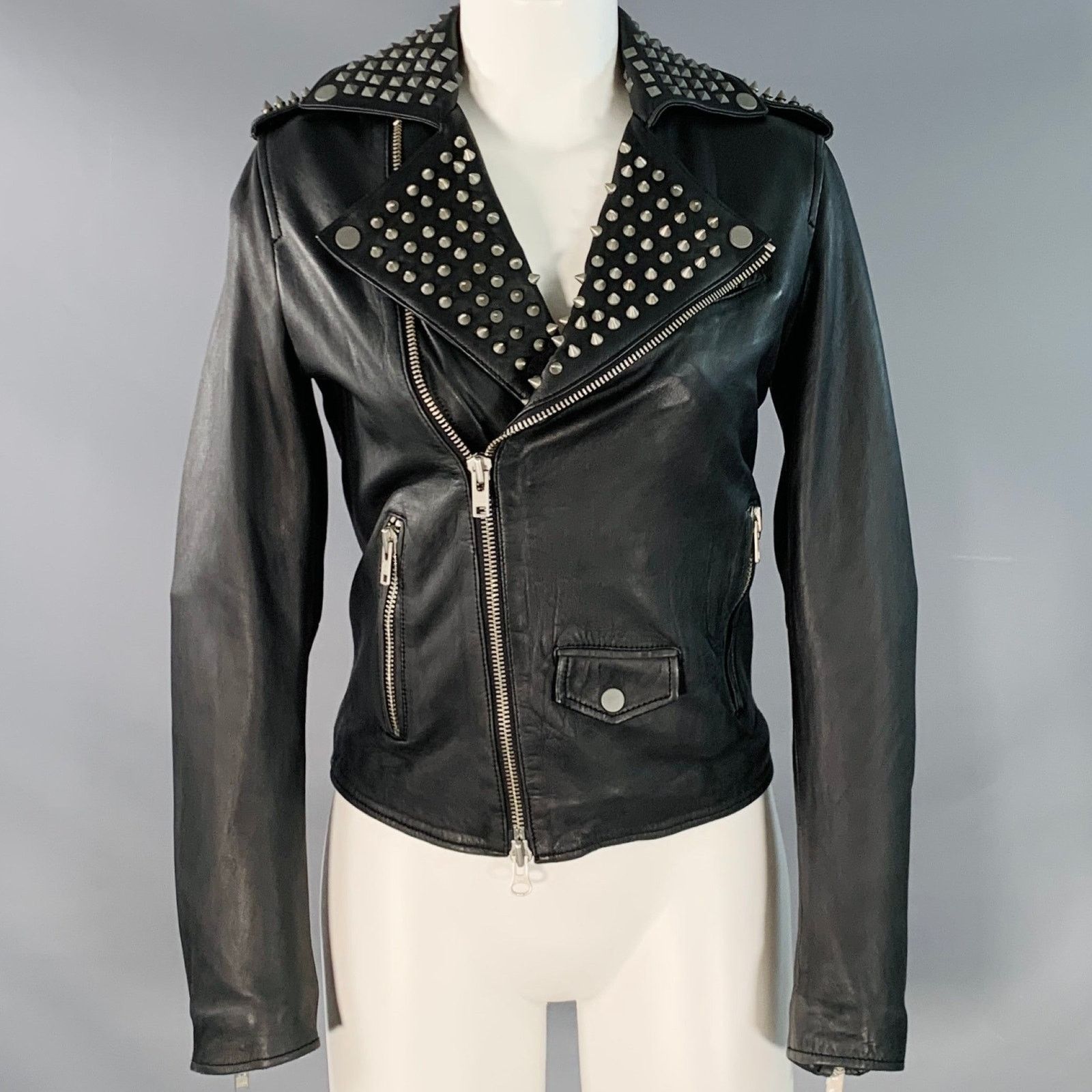 Muubaa MUUBAA Size 6 Black Studded Lambskin Leather Biker Jacket Size M / US 6-8 / IT 42-44 - 1 Thumbnail