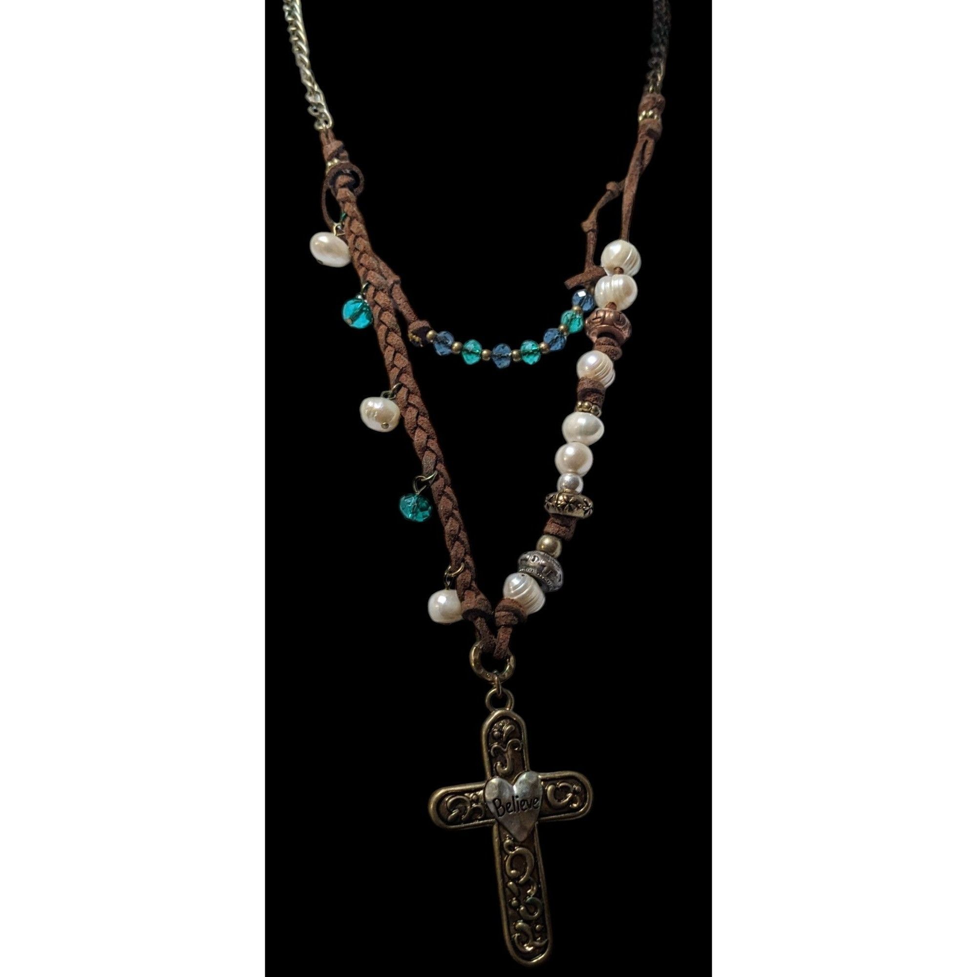 Other Rustic Suede Pearl Beaded Embossed Cross Pendant Necklace Size ONE SIZE - 3 Thumbnail