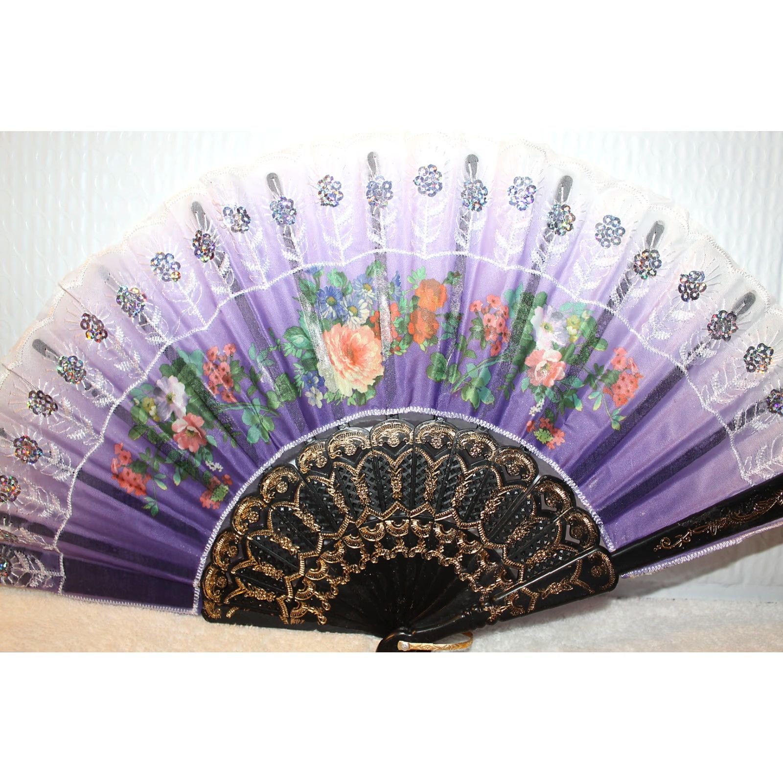 Vintage VINTAGE Hand Fan with Flower Sequins - 16" Decorative Small Fan - Women's Accessories Size ONE SIZE - 2 Thumbnail
