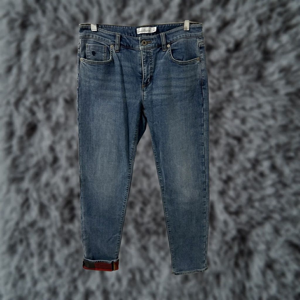 Vintage LL Bean Signature Jeans Womens 4 Blue Plaid Lined Organic Cotton Denim 5-Pocket Zipper Button Straight Fall Winter Size 27" / US 4 / IT 40 - 1 Thumbnail