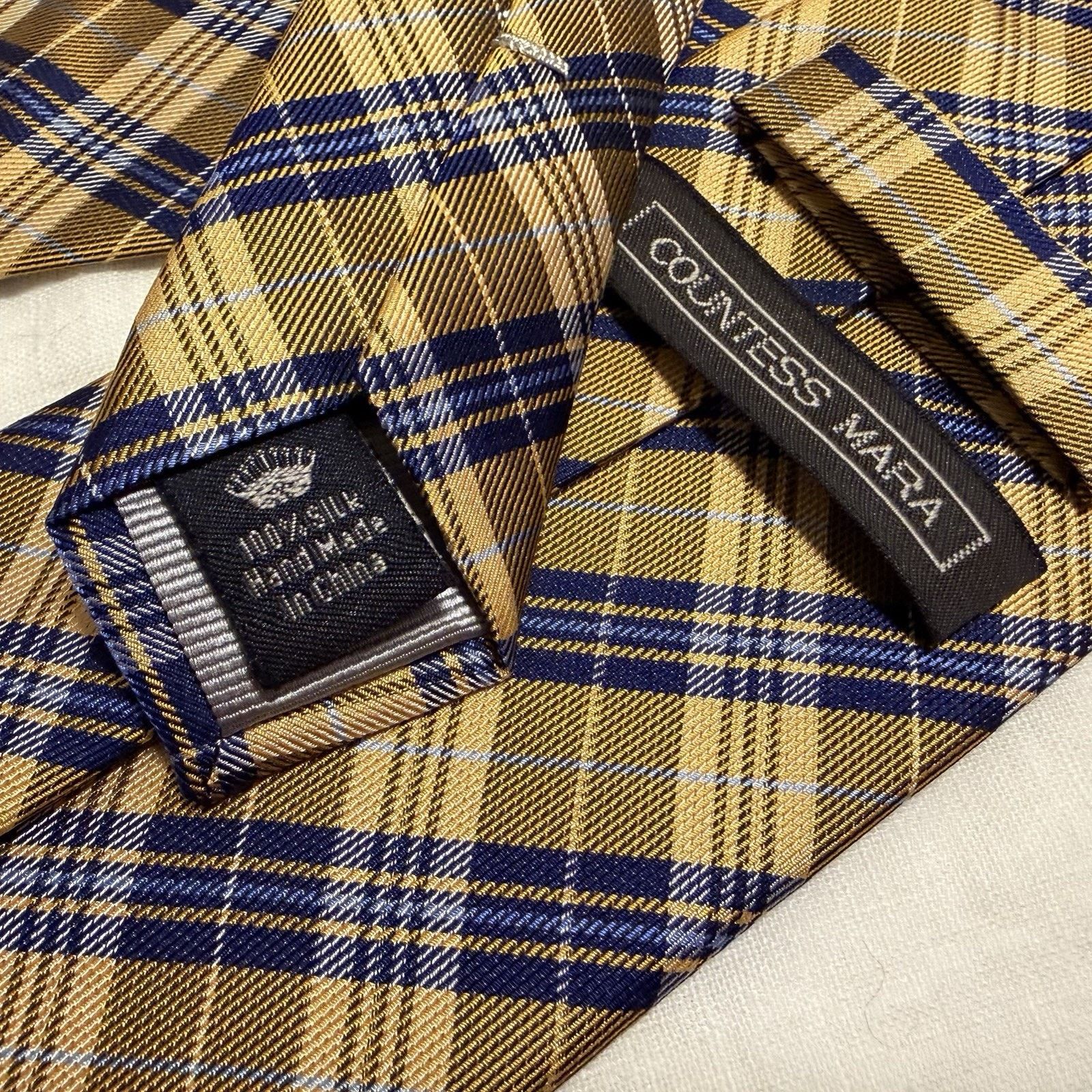 Countess Mara Countess Mara Gold/Navy Plaid Silk Tie – Crown Logo Classic Size ONE SIZE - 5 Thumbnail
