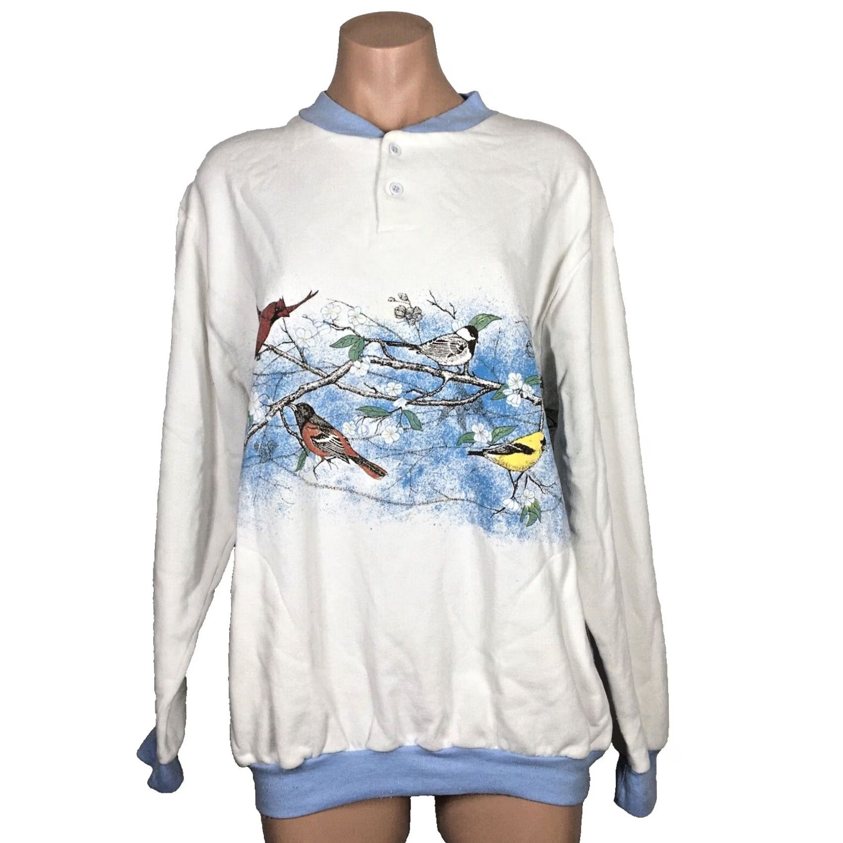 Vintage VINTAGE Art Unlimited Sweatshirt Women's XL White Birds All Over Print Ringer Button Pockets 90s USA Size XL / US 12-14 / IT 48-50 - 2 Thumbnail