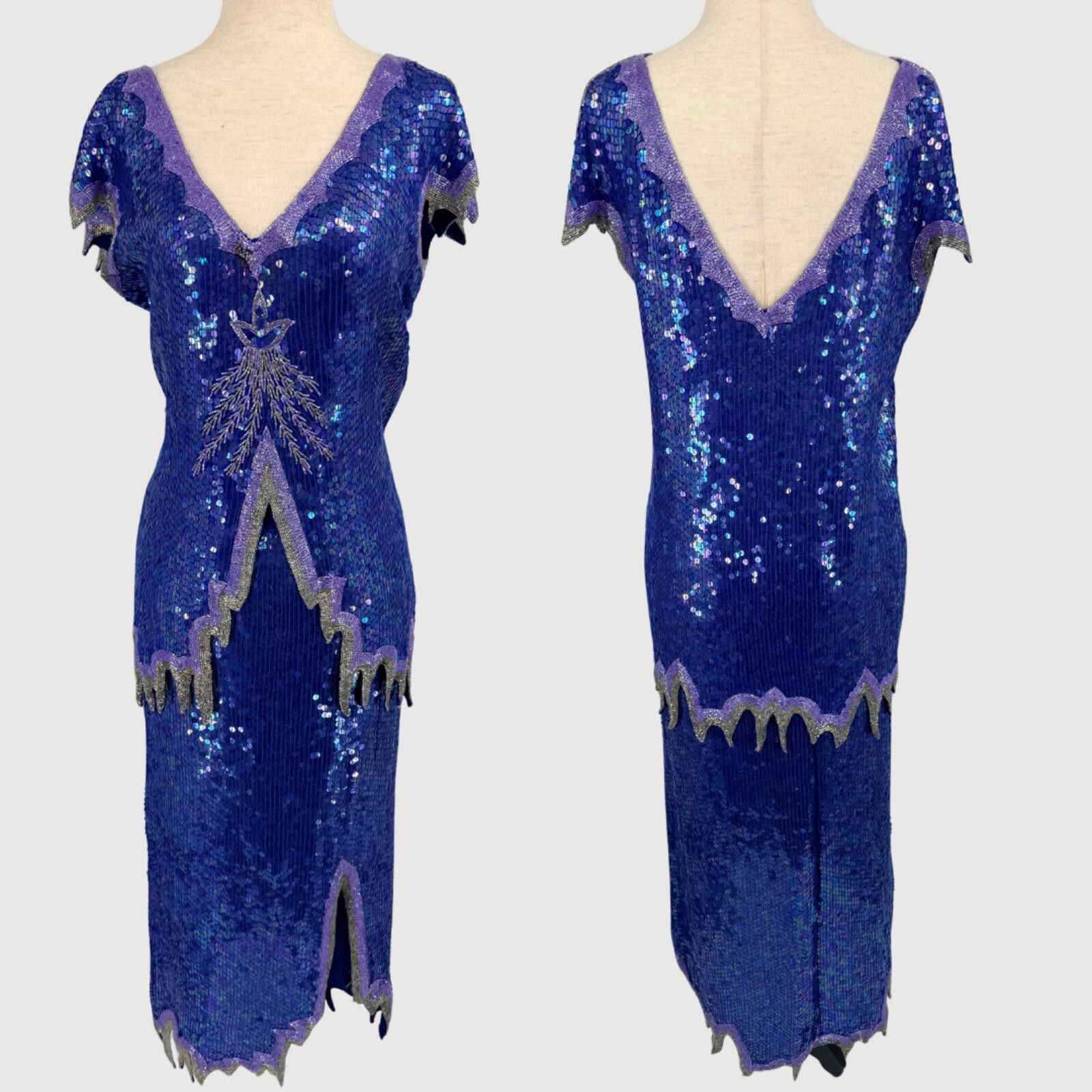 Unknown London Vintage 1980s Silk Sequin Beaded Skirt Set Blue Purple S Size S / US 4 / IT 40 - 1 Thumbnail