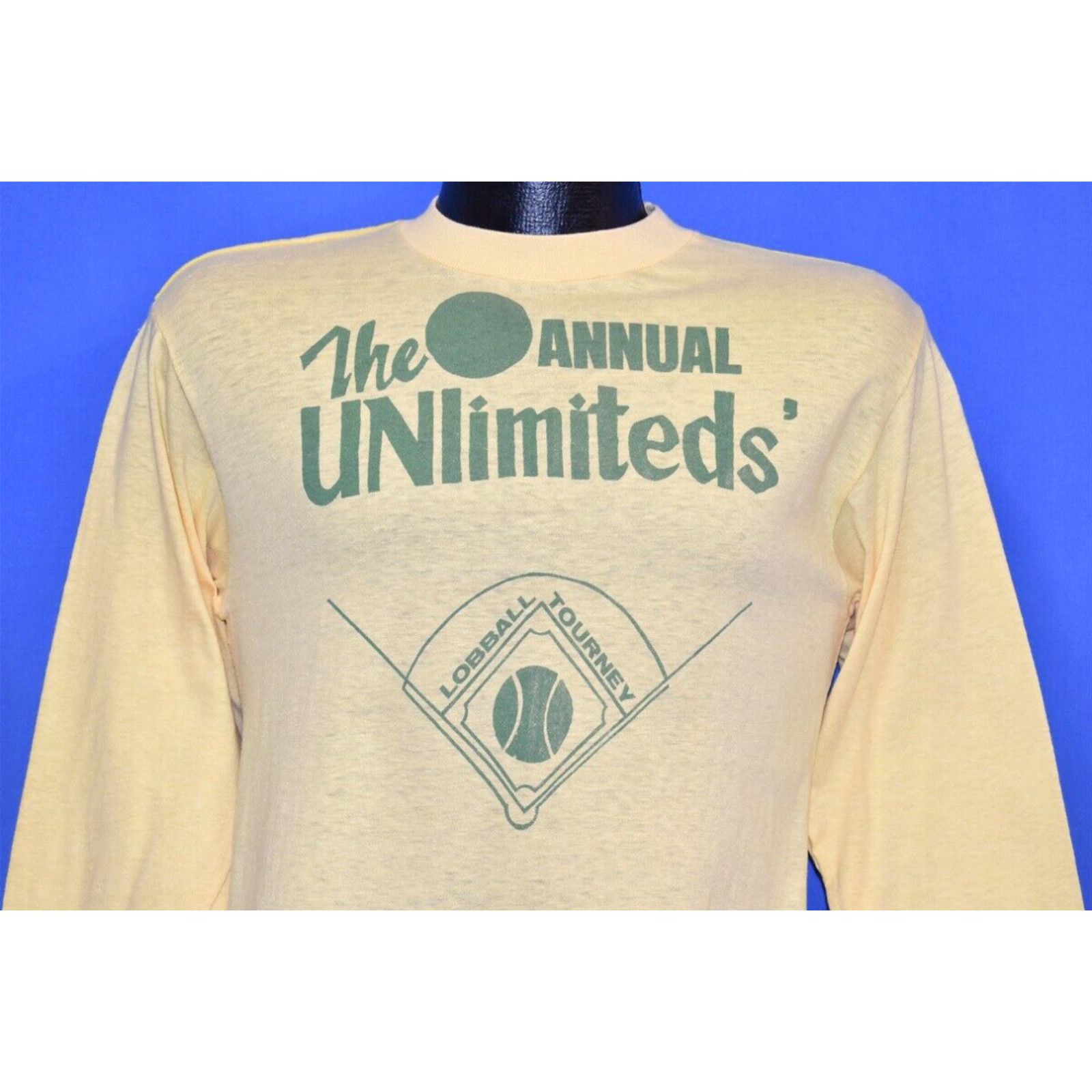 image of Vintage VTG 70's The Unlimiteds Annual Lobball Tourney Softball Baseball Yellow T-Shirt S in White 