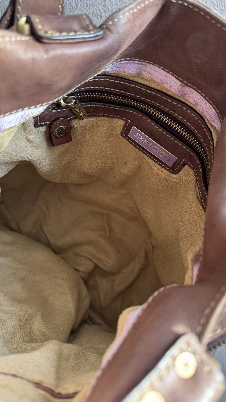 Jimmy Choo Brown Leather Suede Mona Tote Bag Pre‑Owned Luxury Handbag Size ONE SIZE - 9 Thumbnail