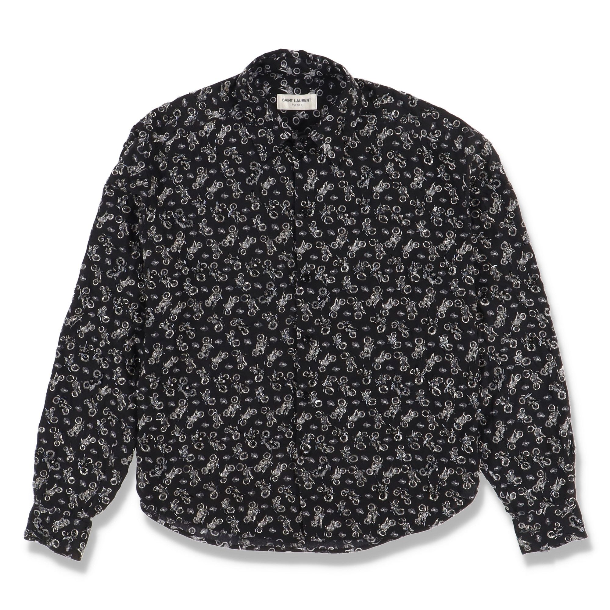image of Saint Laurent Paris Black Sequined Motorbike Print Silk Shirt, Men's (Size Medium)