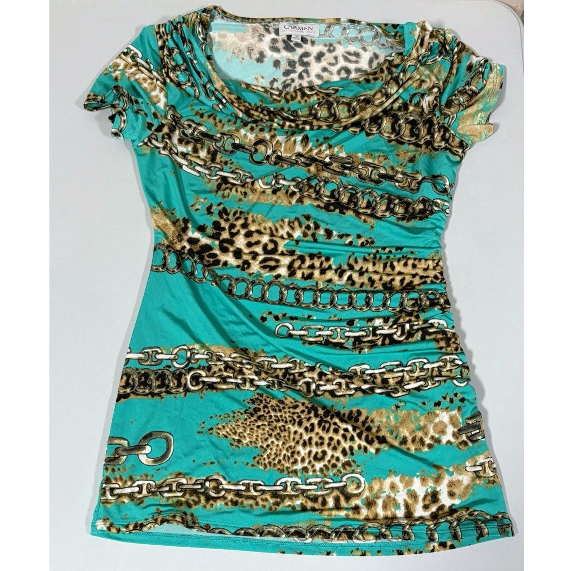 Carmina Teal Leopard Cheetah Gold Chainlink Shirt Top Blouse XS 🐆✨ Size XS / US 0-2 / IT 36-38 - 2 Thumbnail