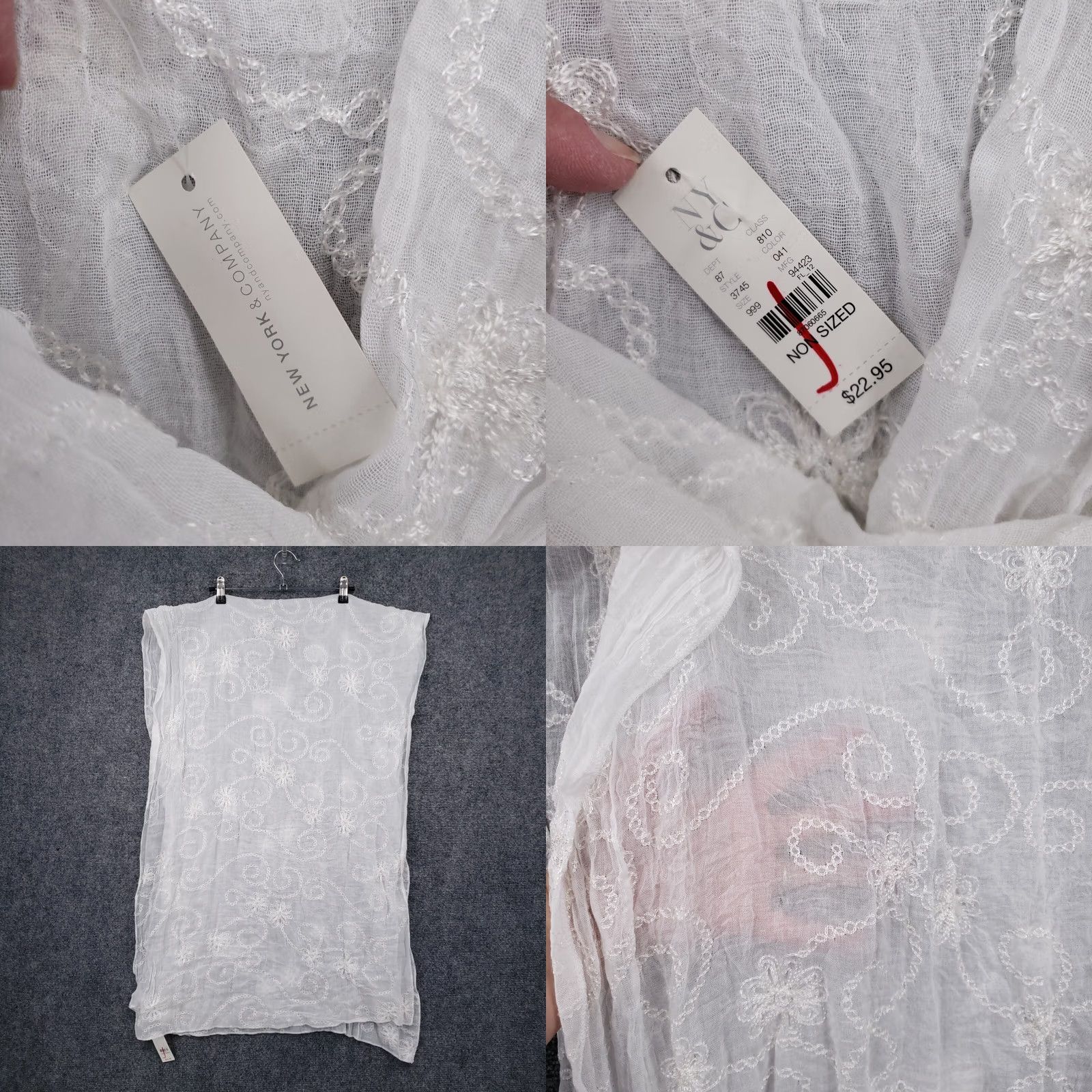 Vintage New York & Company Scarf Women OS White Embroidered Floral Rectangular Wrap 24x68 CSS Size ONE SIZE - 8 Thumbnail
