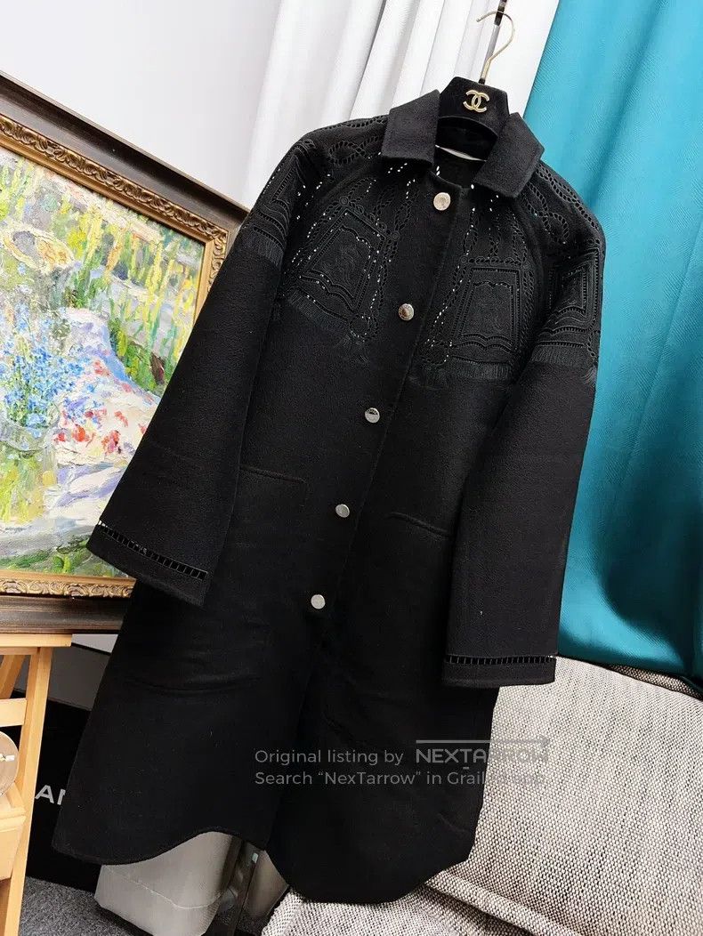 Hermes Black Cutout Embroidery Pattern Cashmere Coat