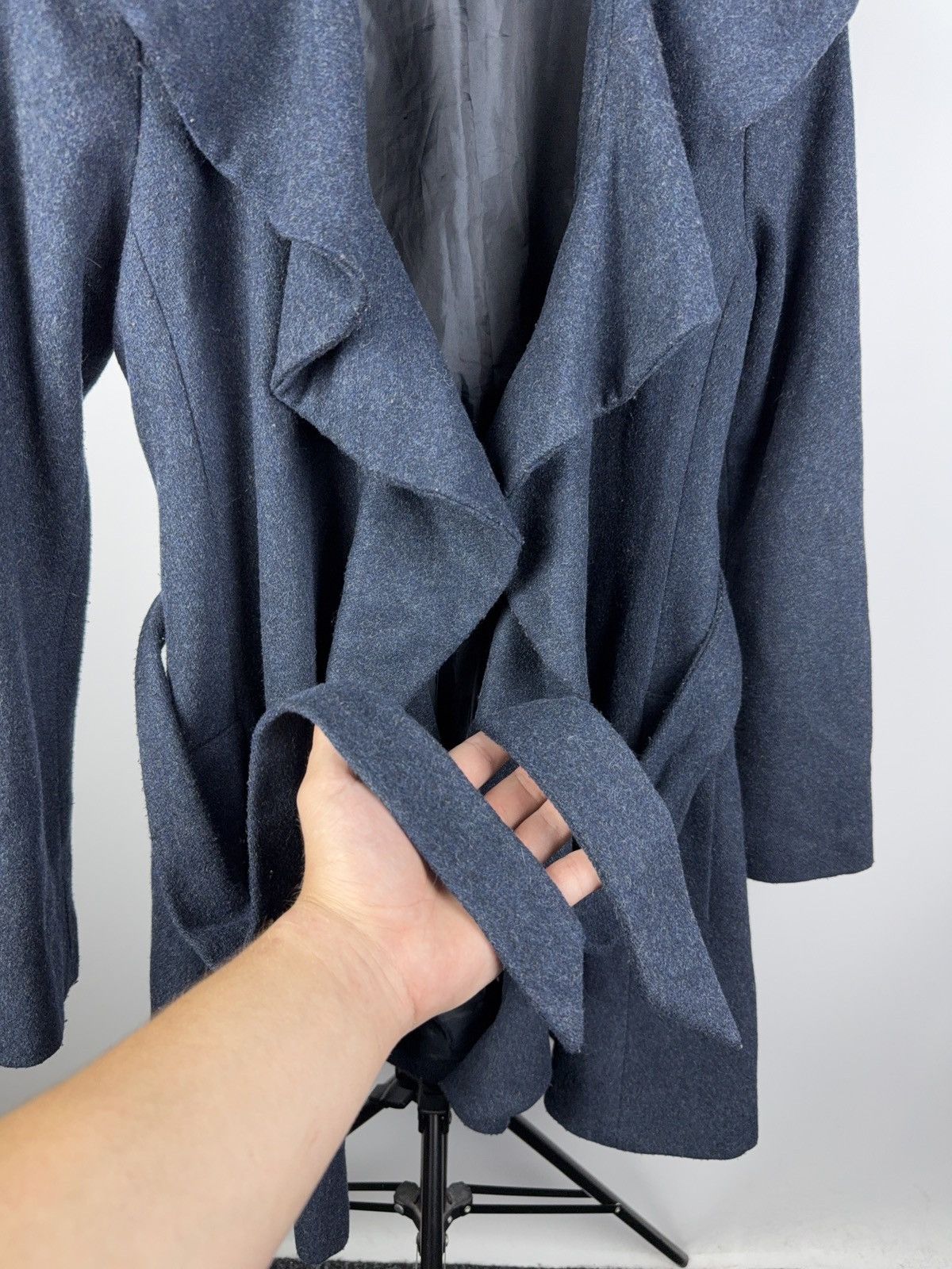 Japanese Brand NAF NAF Ruffle Wool Blend Belted Coat Dark Blue 38 / S-M Size S / US 4 / IT 40 - 5 Thumbnail
