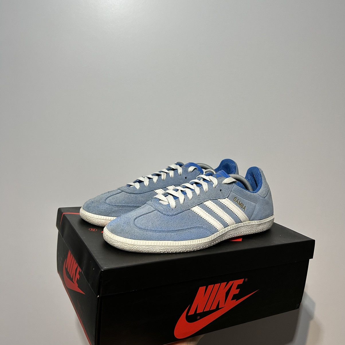 image of Adidas Samba Suede Sneakers Mini Logo Baby Blue, Men's (Size 10.5)