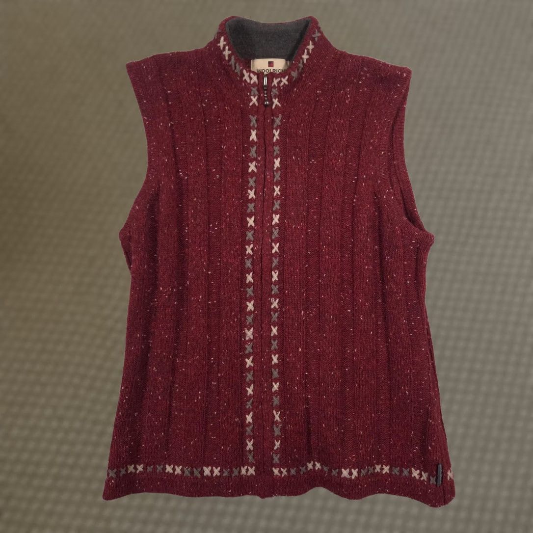 Vintage Woolrich Sweater Vest Womens Small Red Full Zip Mock Neck Ruby Heather Knit Vest Geometric Embroidered Zipper Size S / US 4 / IT 40 - 1 Thumbnail