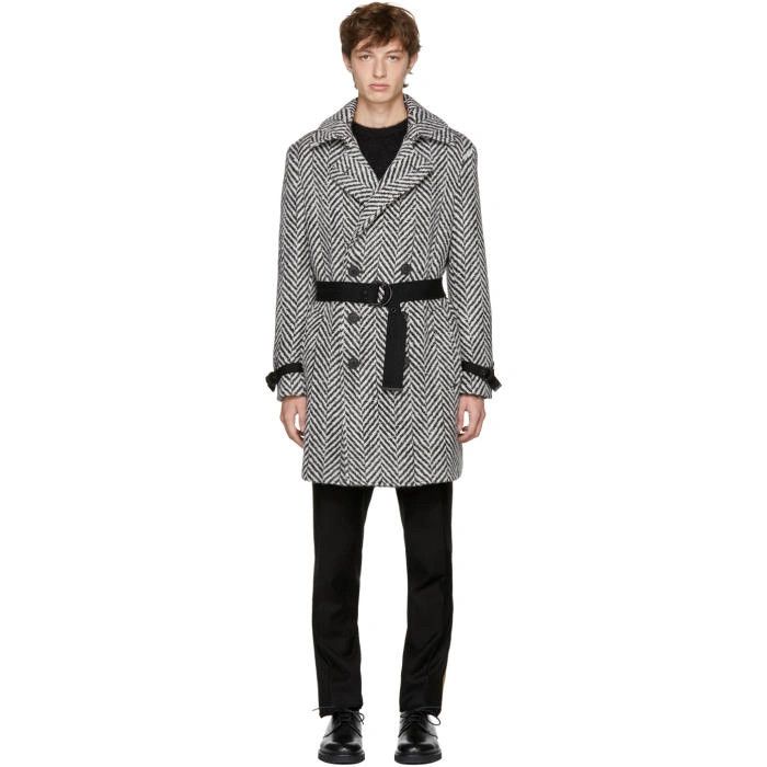 Saint Laurent Paris Black and White Herringbone Wool Belted Coat Size US XS / EU 42 / 0 - 3 Thumbnail
