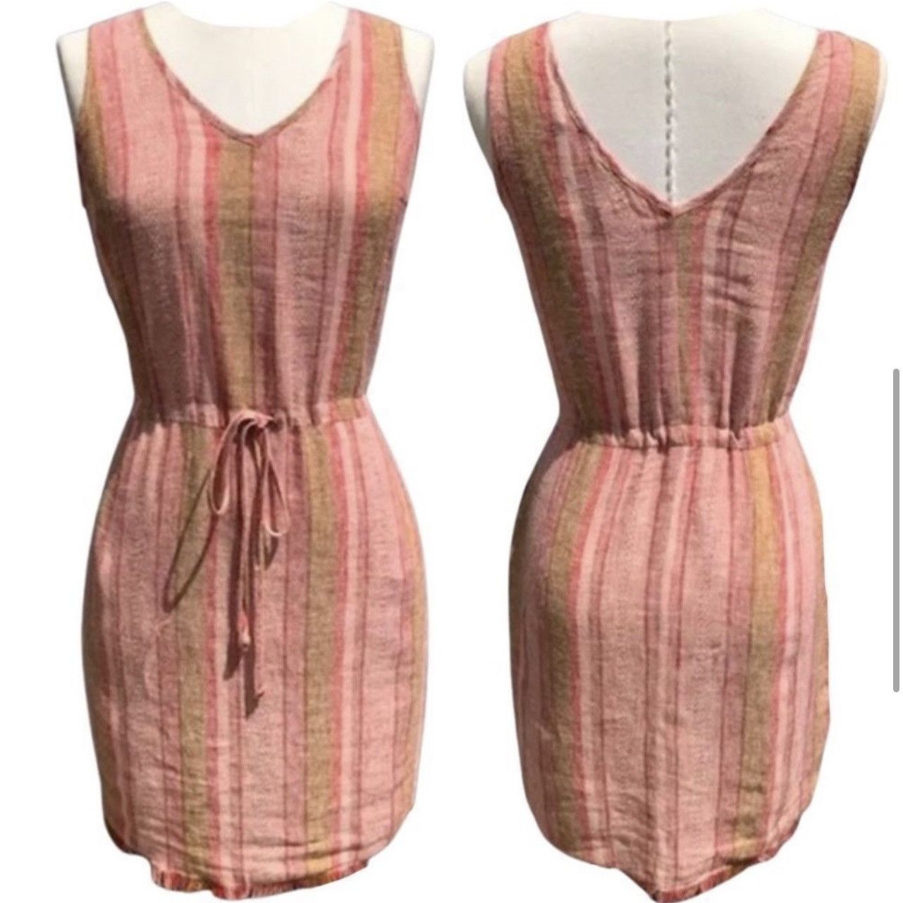 Anthropologie × Drew DREW Red Nat Dobby, Striped, Drawstring Linen Dress Size L / US 10 / IT 46 - 11 Thumbnail